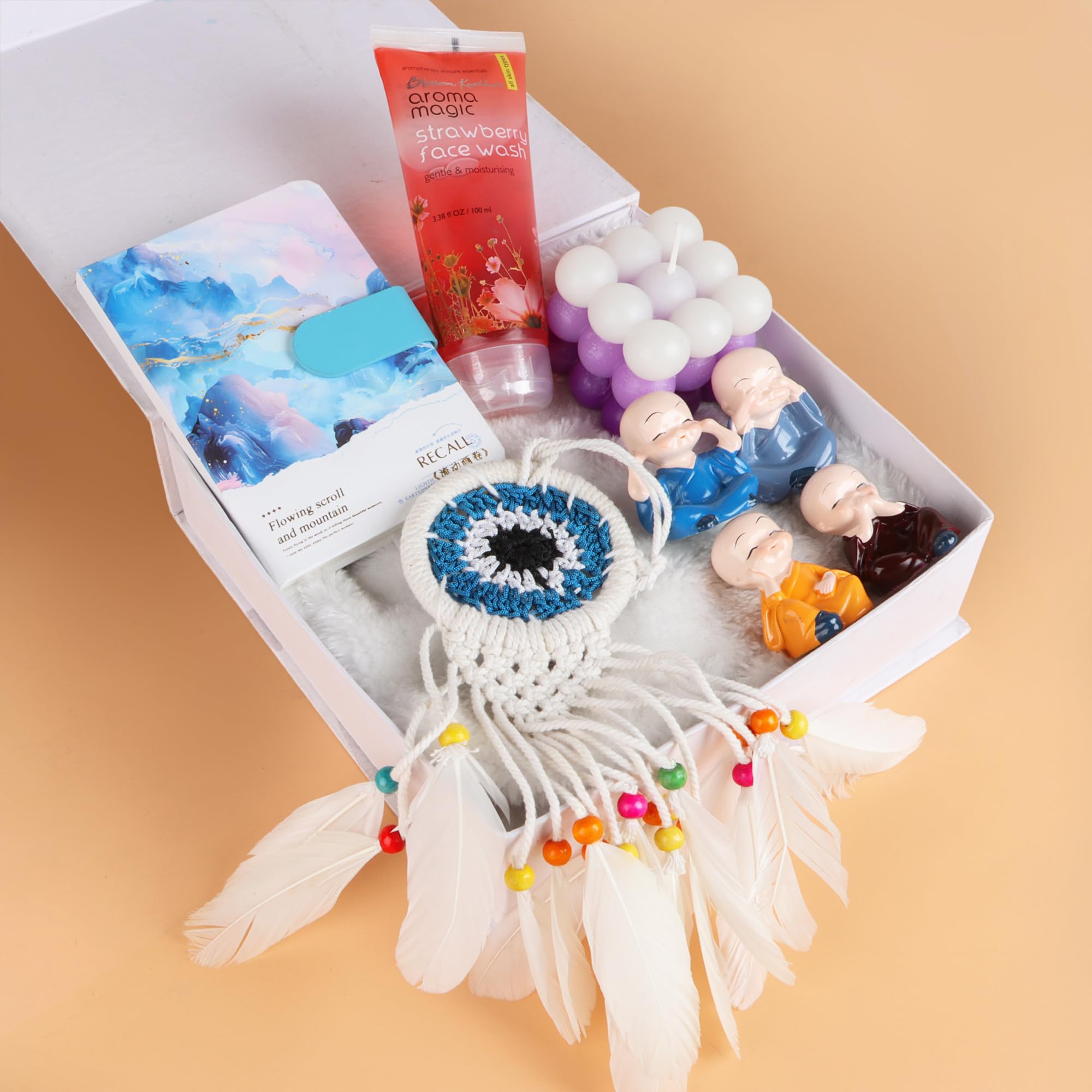 The Loony Box Gift Hamper For Women & Girls - Ideal For Birthday, Anniversary, Valentine, Freindship | Dreamcatcher, Chic Diary, Bubble Candle, Face wash & Monk Figurines-image-38