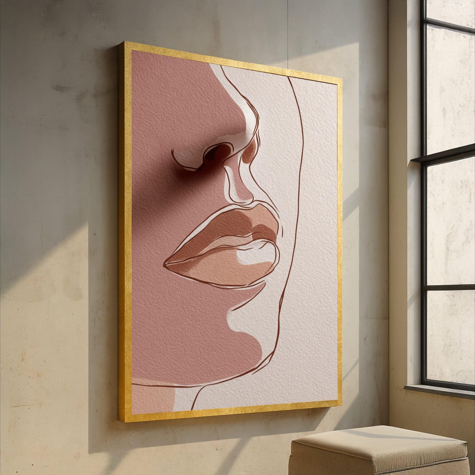 CAOXTART Minimalist Face Line Art Canvas Painting, Neutral Tones Wall Art, Abstract Lips Design Print, Modern Home Decor(70x110cm/Frameless)