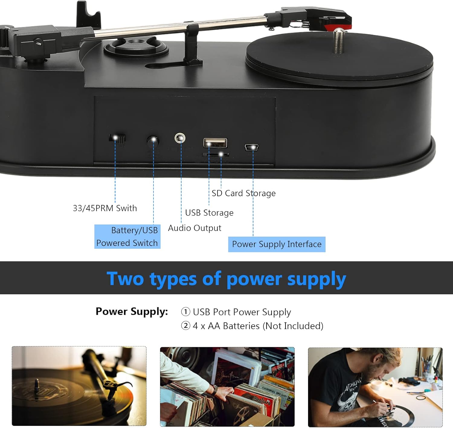 to MP3 Converter, USB 2.0 Professional Turntable Record Player Turntable to MP3 Converter, Convert Records to MP3 for Easy, USB Battery Dual Powered