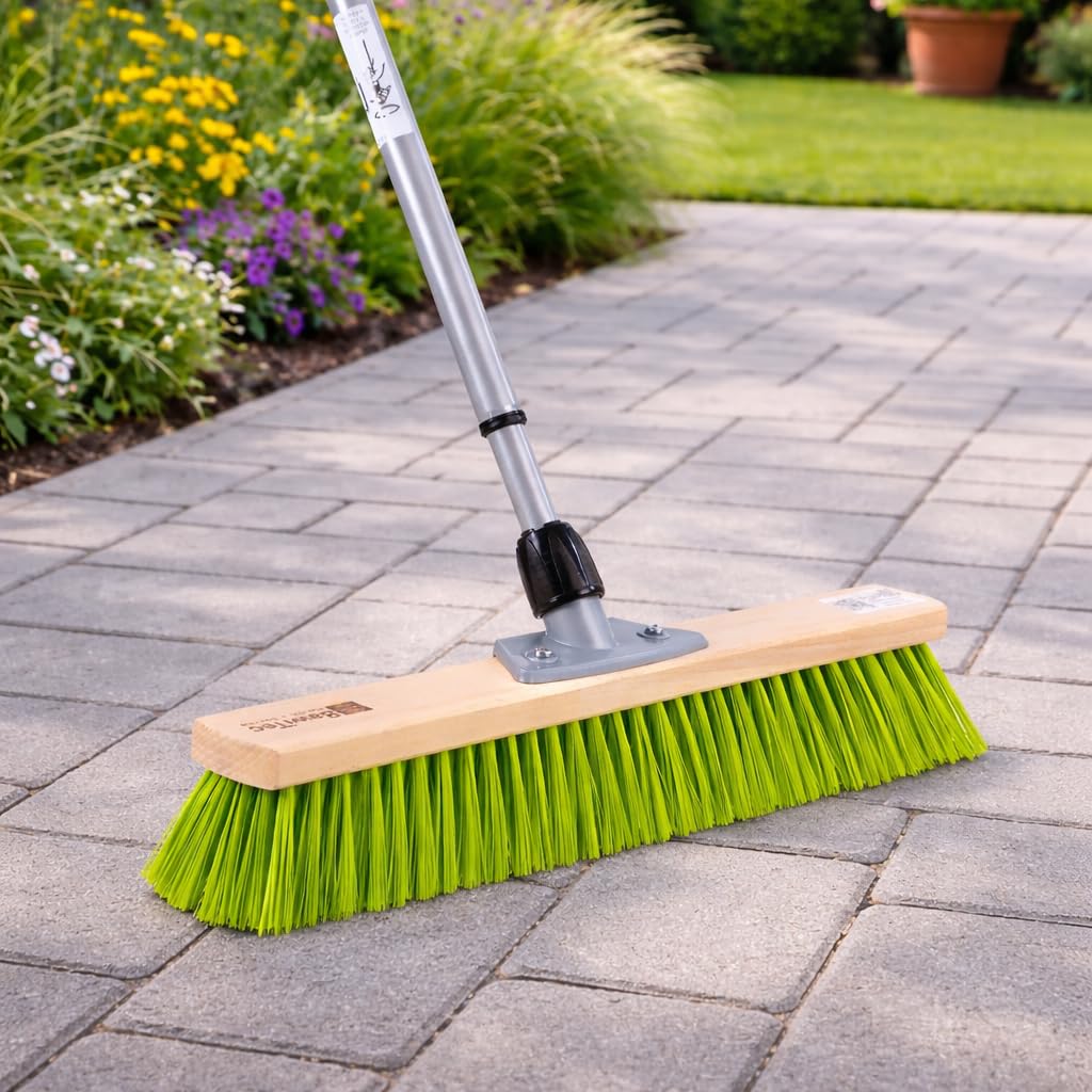 Profi Gartenbesen Besen 40cm mit Teleskopstiel Stiel neon-grüne Borsten | Formstabile und Robuste Elaston-Borsten, Neon-Grün, Straßenbesen für Garten, Haus und Hof