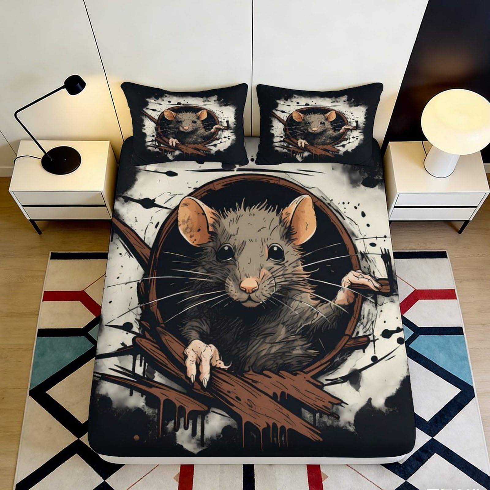 3D Printed Realistic Mouse Fitted Sheet Microfiber Soft Breathable Cartoon Rat Bed Cover for Bedroom Decor Mattress Protection 90x200x25cm