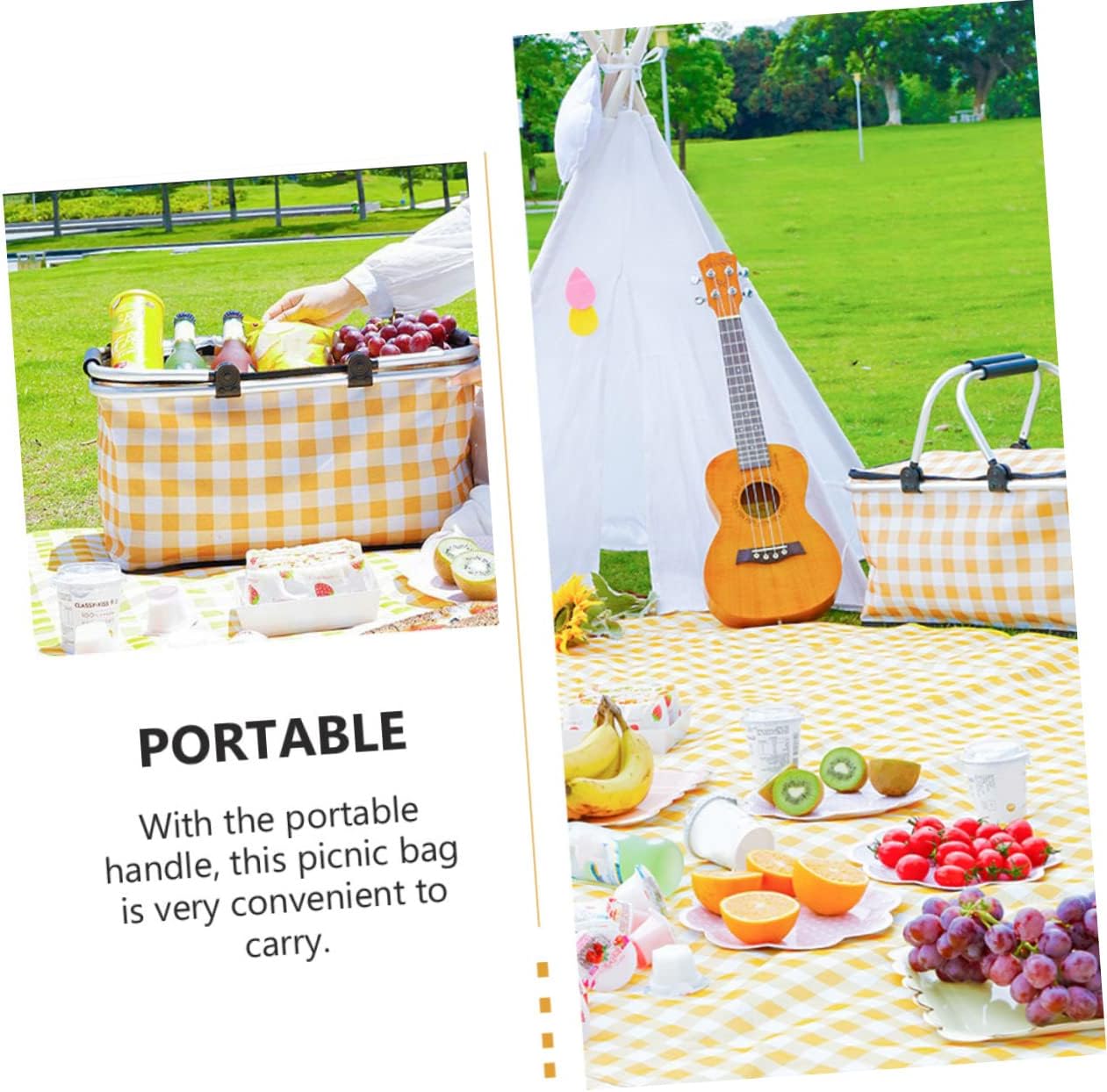 Yardwe 1pc Foldable Insulated Picnic Basket Thickened Heat Preservation Cooler for Outdoor Activities Portable Design Handles for Camping Travel and Picnics Yellow