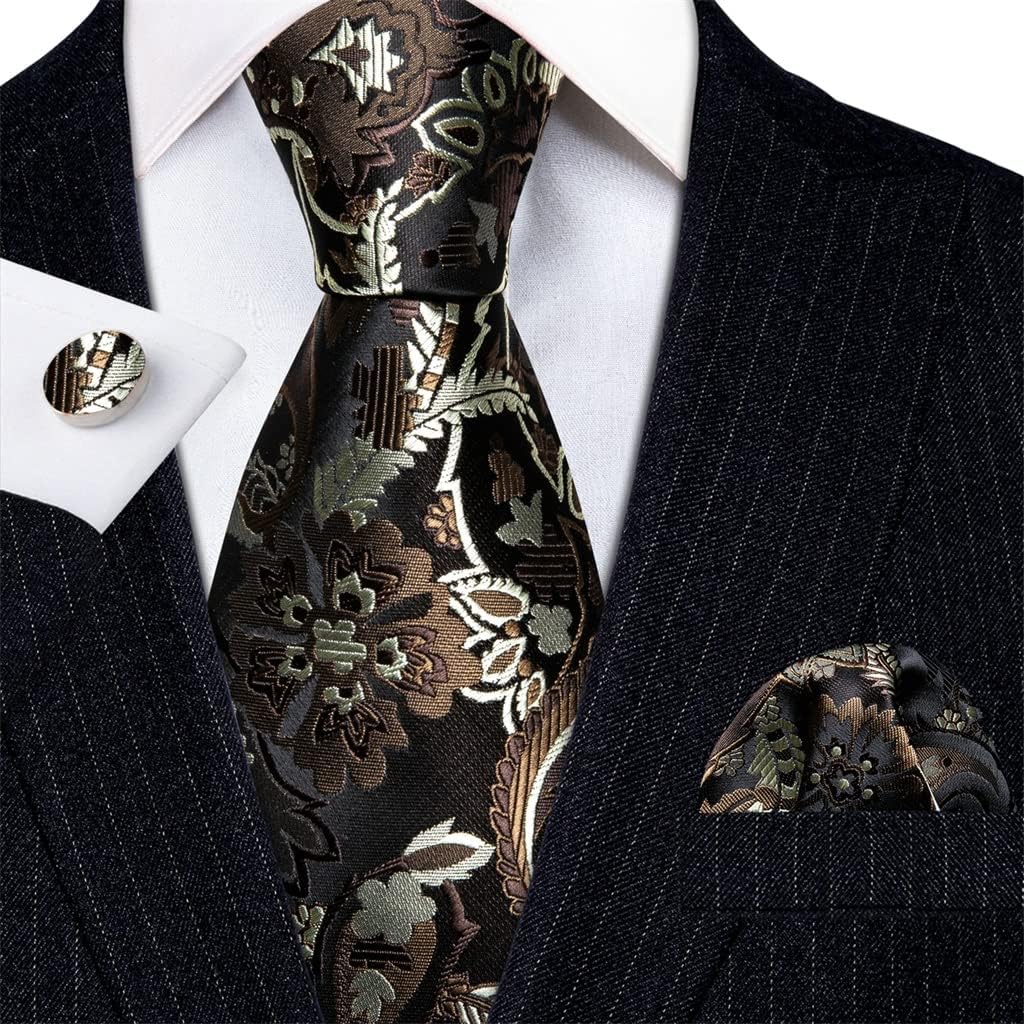 Ties for Men Brown Gold Black Floral Silk Necktie Pocket Square Cufflinks Set Wedding
