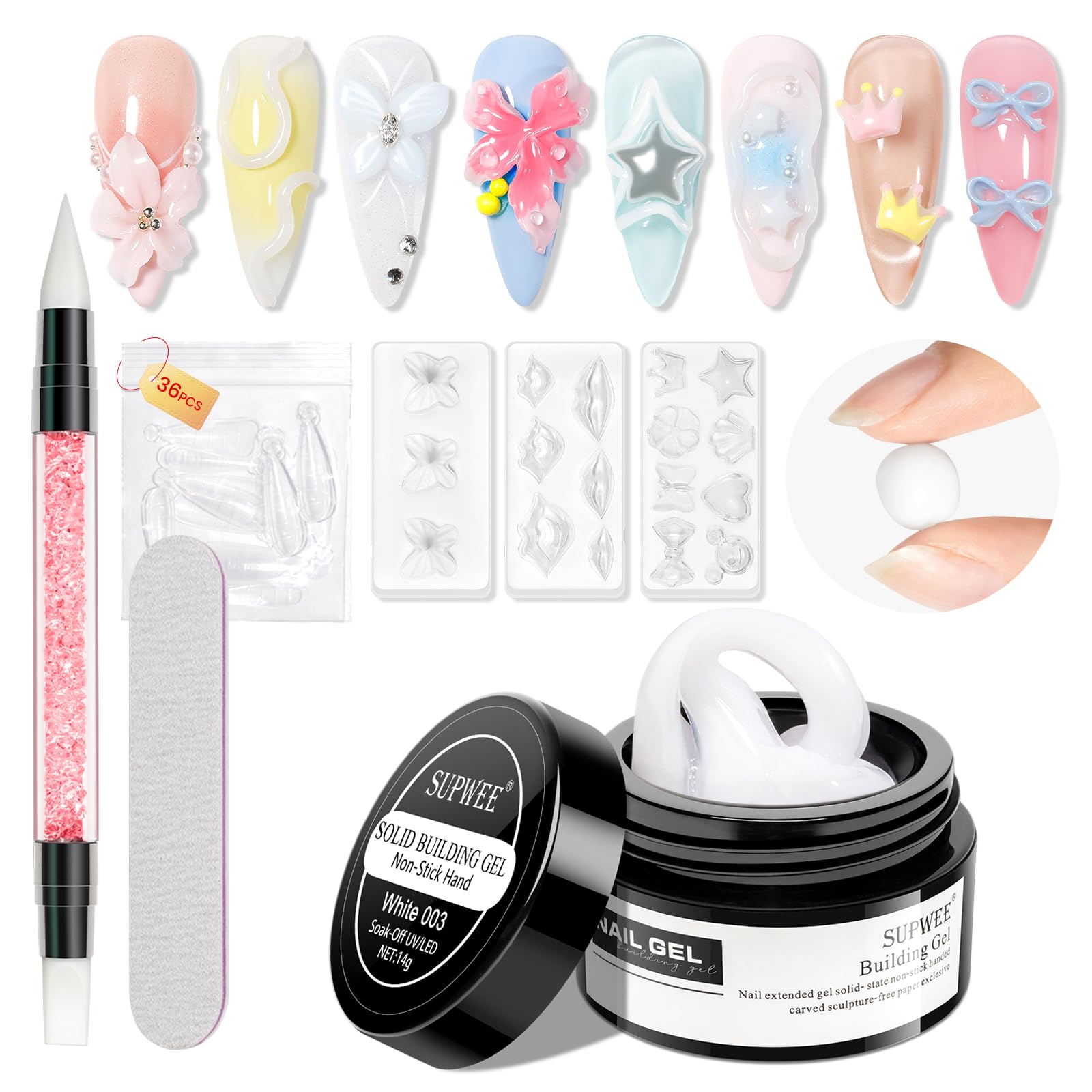 SUPWEE 3D Gel Nail Art für Nägel, 14g Feste Builder Gel Nicht Klebend Skulptur-Nail-Gel mit Nagel Pinsel Mustern Prägung hartes Salon DIY zu Hause Weiß