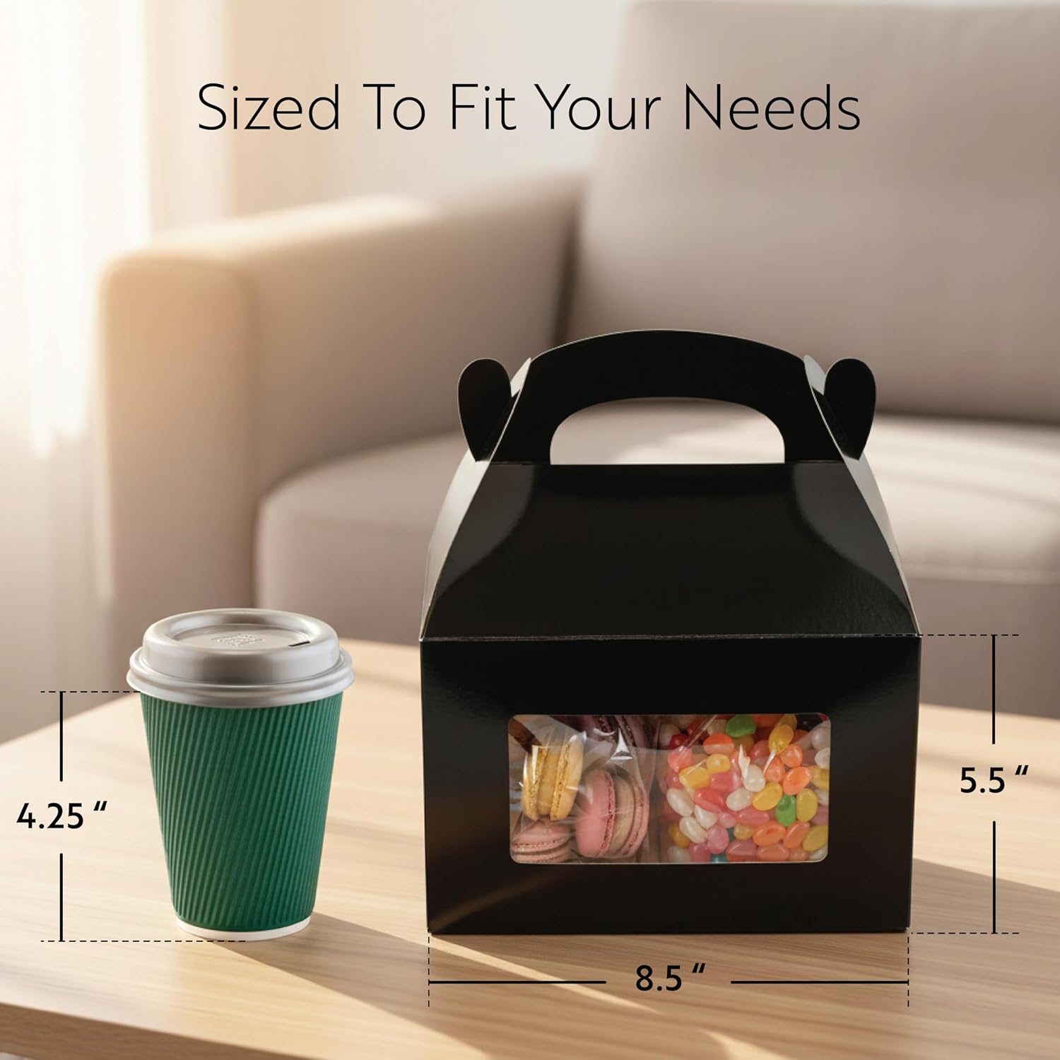 Restaurantware Bio Tek 8.5 x 4.8 x 5.5 Inch Gable Boxes For Party Favors, 100 Attractive Gift Boxes - Clear PET Window, With Built-In Handle, Black Paper Barn Boxes, Greaseproof, For Parties