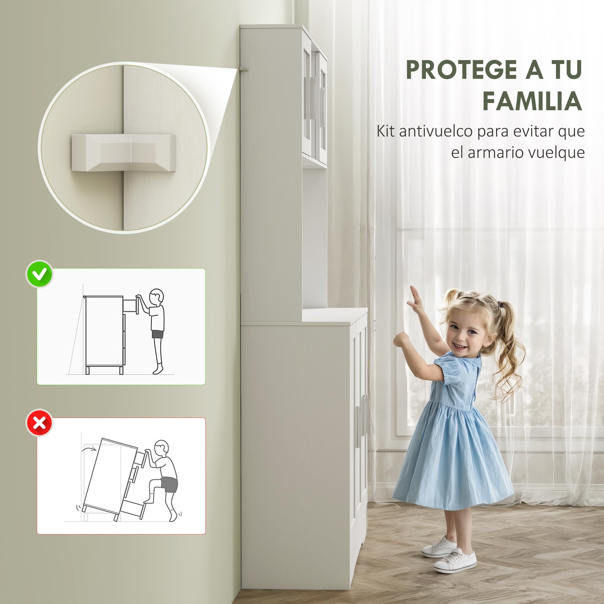 HOMCOM Alacena de Cocina, Mueble Auxiliar de Cocina con 2 Puertas de Vidrio, Encimera Amplia para Microondas, Compartimentos Abiertos, Estantes Ajustables, 108x35x180 cm, Blanco