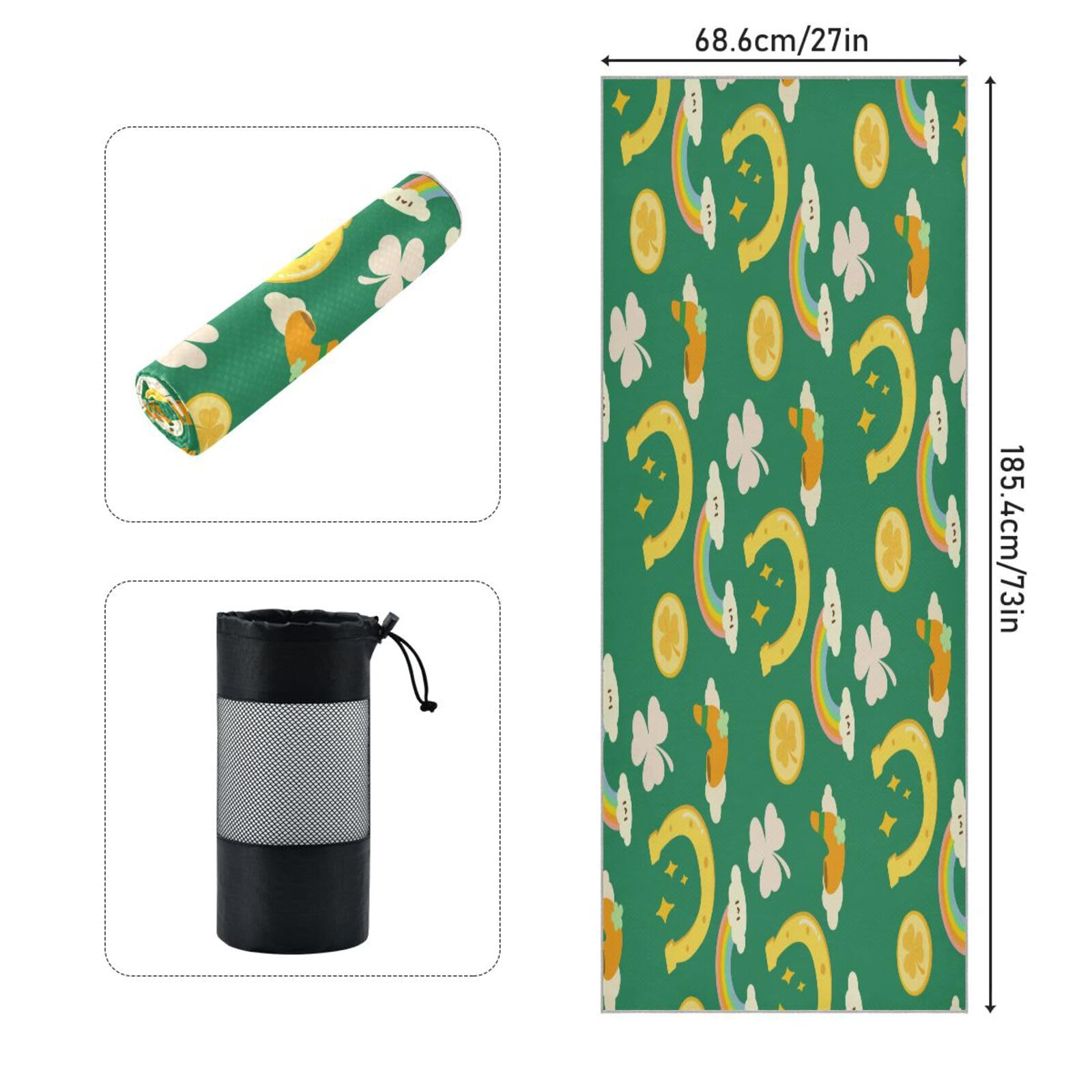 pnyoin St Patrick's Day Green Yoga Towel,Hot Yoga Mat Towel with Grip Dots Sweat Absorbent Non-Slip for Hot Yoga, 24