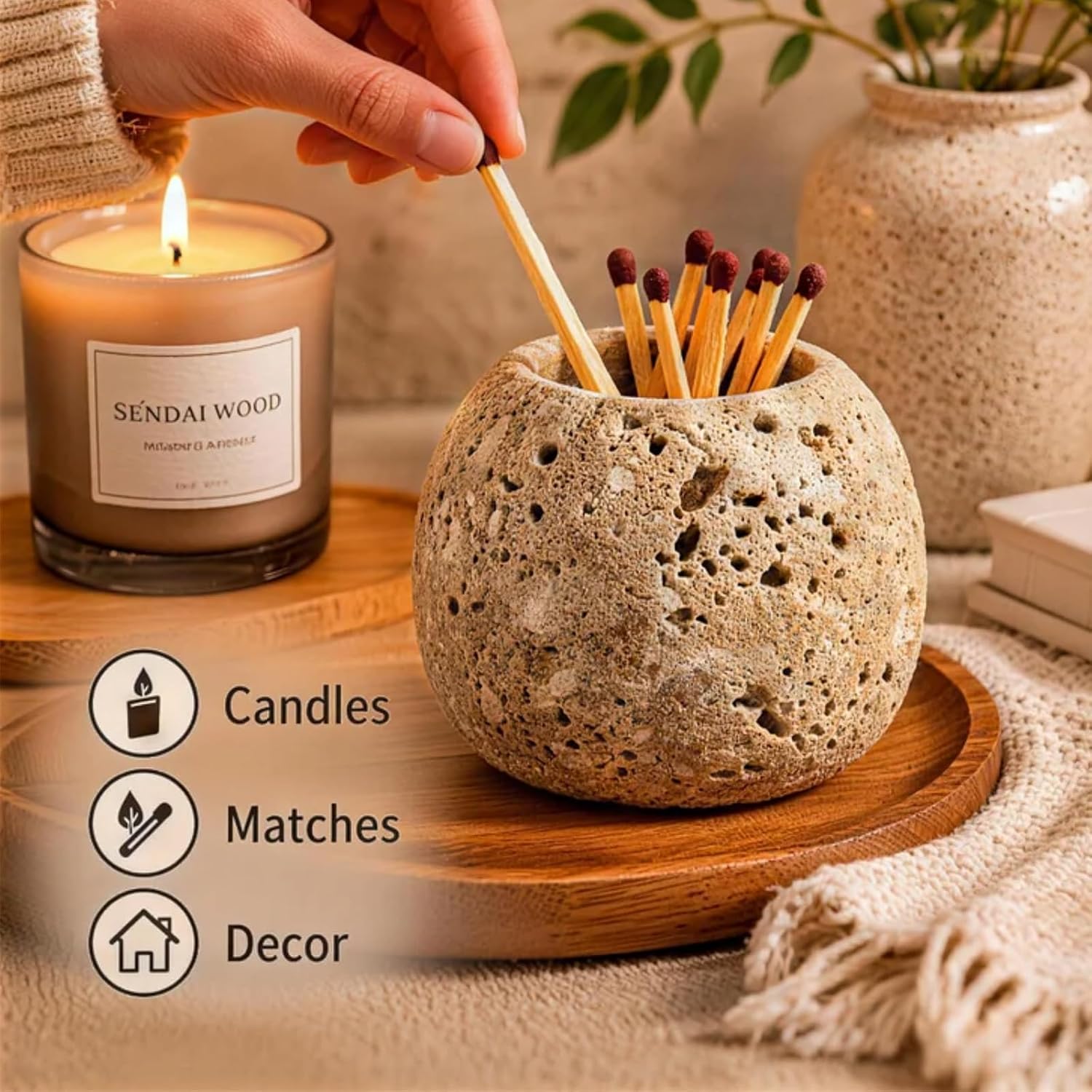 Match Holder, Matches Holder, Travertine Stone Striker Jar, Decorative Fireplace & Home Decor Accessory for Kitchen, Living Room