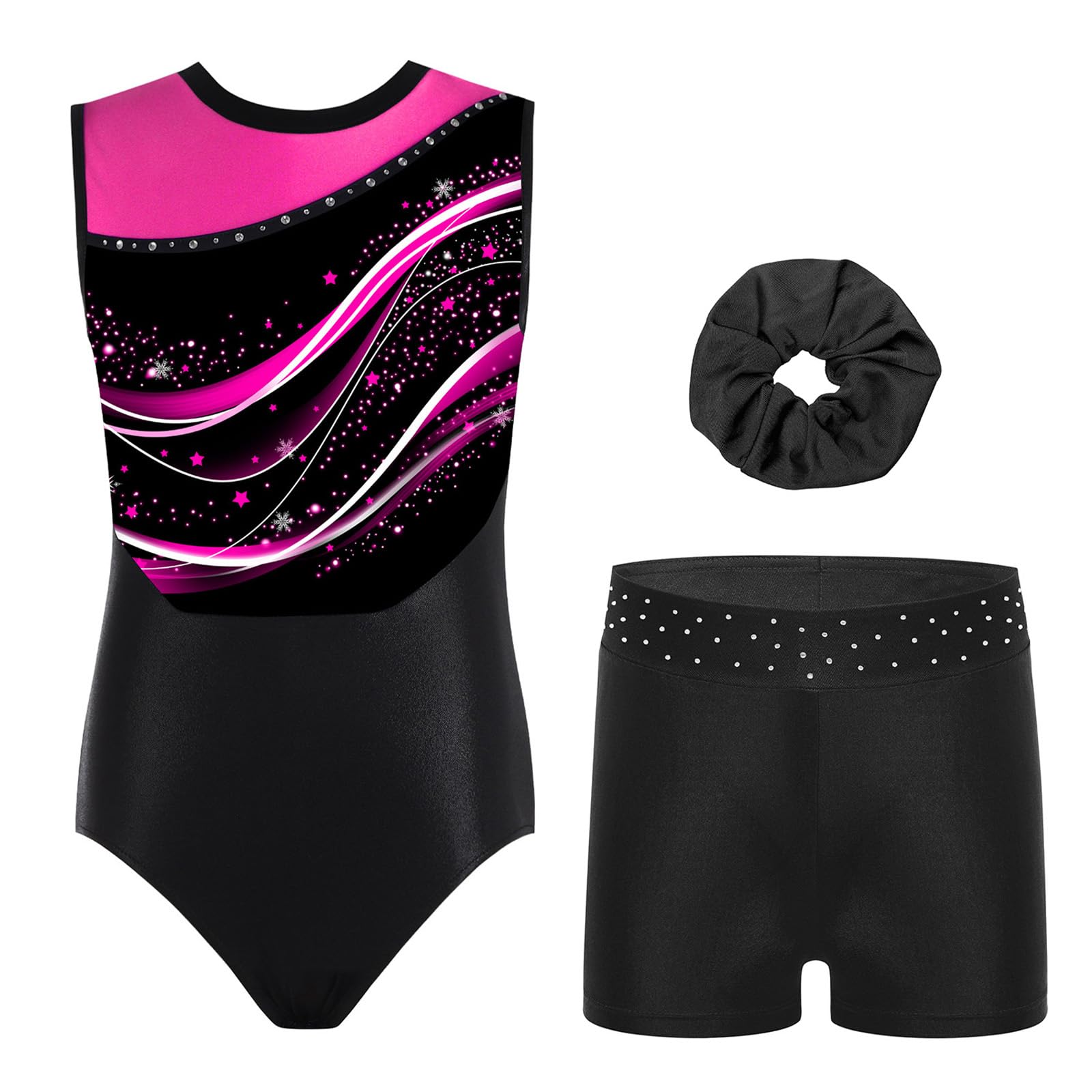 Aislor Ragazze Ginnastica Leotards Body Danza Balletto Senza Manica Bodysuit Monopezzo Sportivo con Pantaloncini e Fascia Strass Abito da Pattinaggio Artistico