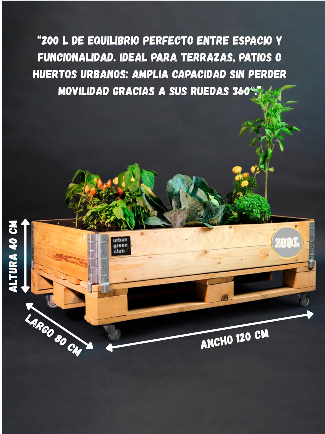 Macetero Grande de Madera Huerto Urbano Bancal de Cultivo 200L con Ruedas Jardinera Exterior Drenaje Natural Malla Antirraices Fabricado en España Diseño Artesanal Acabado Color Pino