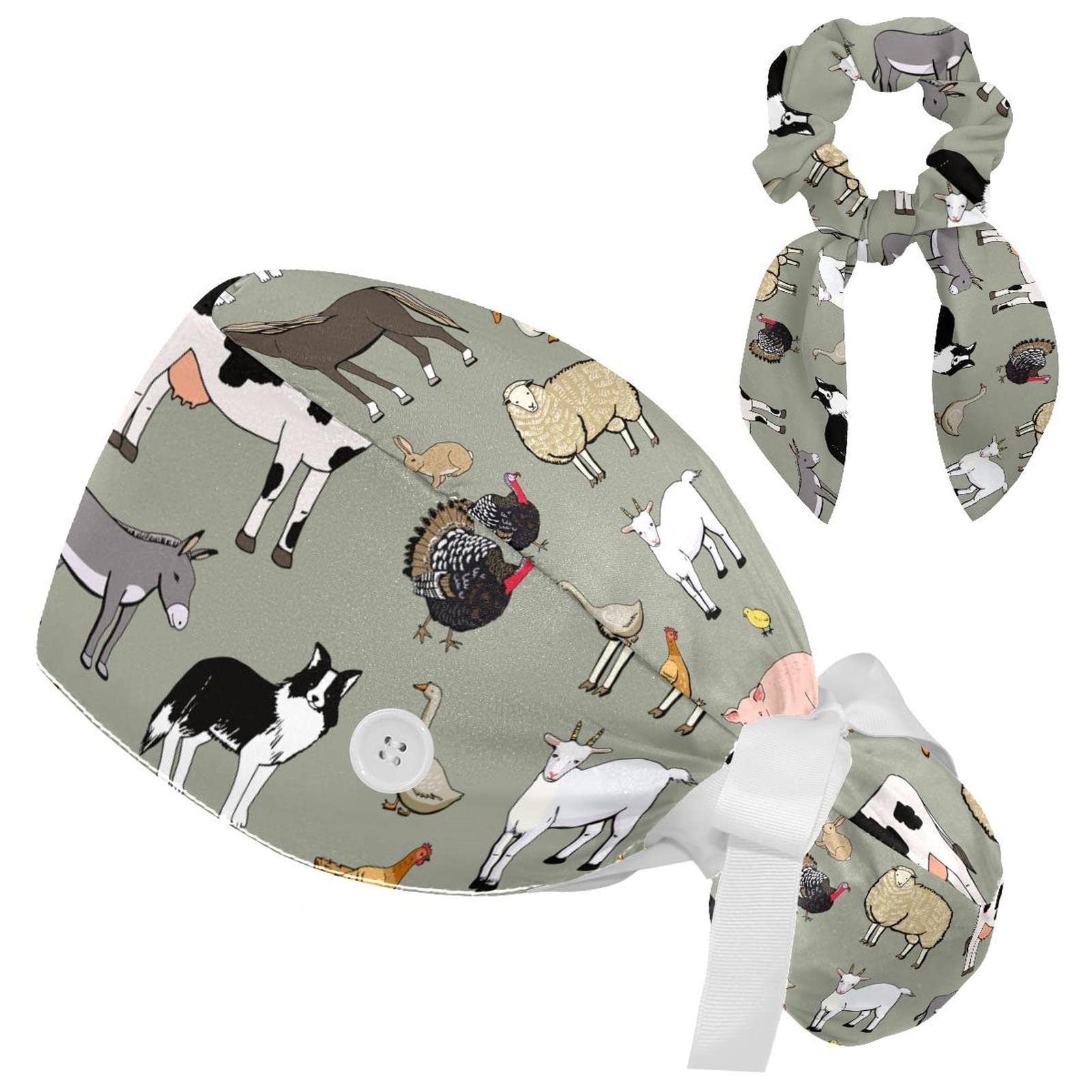 Farm Animals Seamless Vector Surgical Cap with Buttons/Bow Hair Scrunchy for Long Hair, Medium-Large