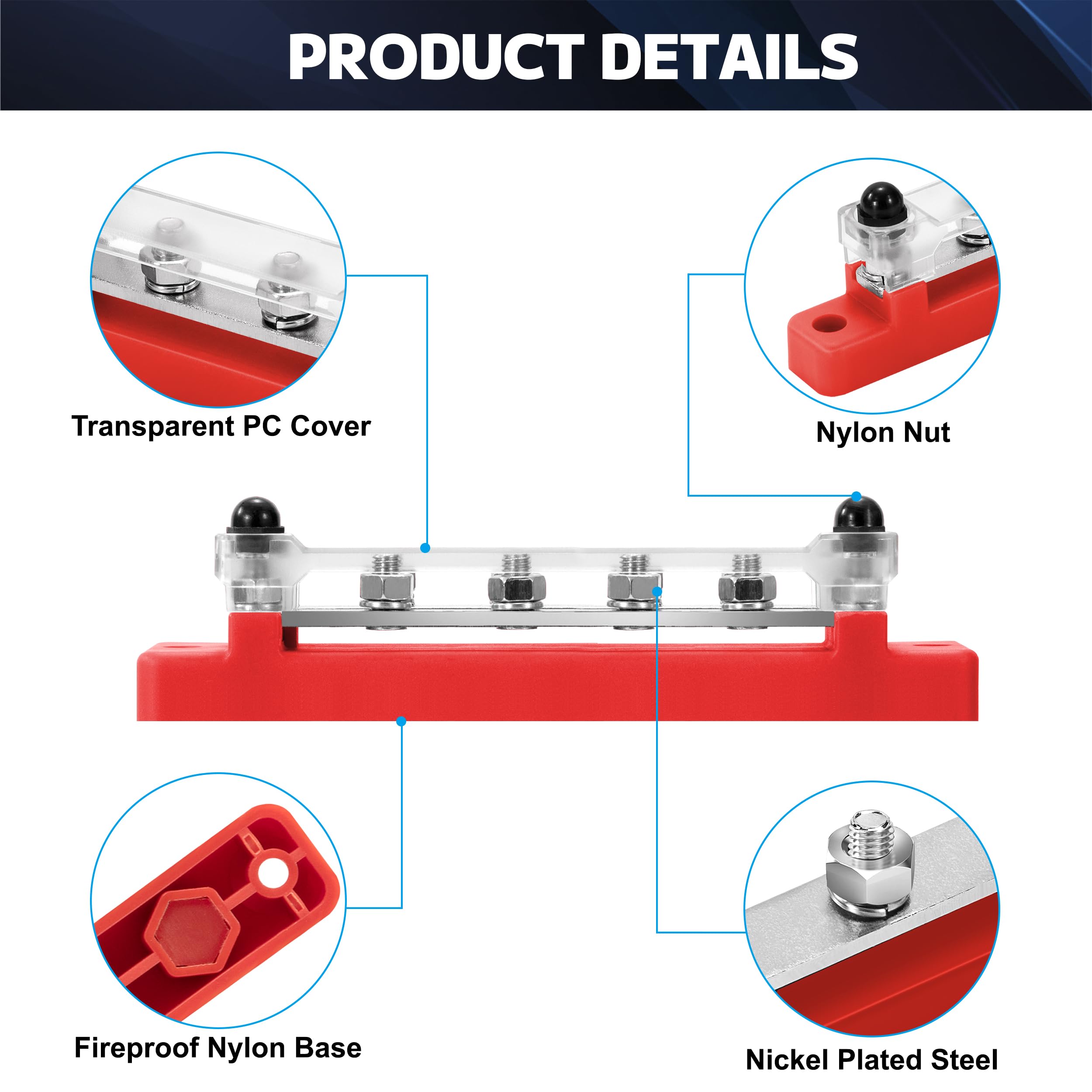 QIMEI-SHOP Blok dystrybucji zasilania 12 V-48 V DC Busbar 150A blok zacisków zasilania z terminalem śrubowym 6 x M6 do samochodu ciężarówki łodzi czerwony