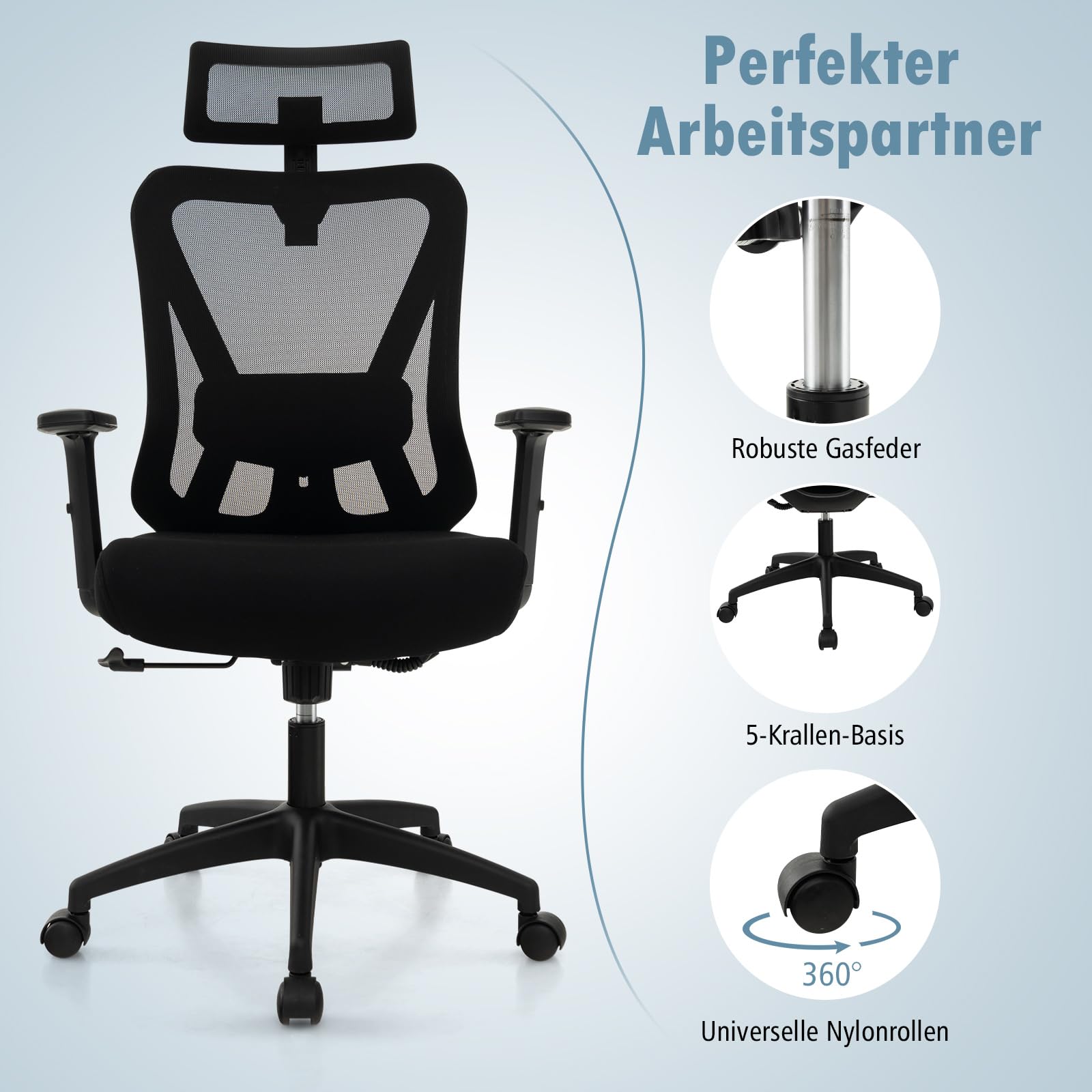 COSTWAY Ergonomiczne krzesło biurowe, krzesło do biurka z regulowanym podparciem lędźwiowym, zagłówkiem, podłokietnikiem i oparciem, krzesło komputerowe z funkcją przechylania, krzesło obrotowe,