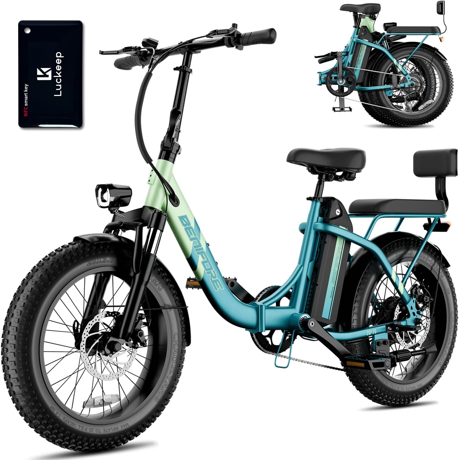 2 Seater Electric Bike for Adults,1200W Peak Motor 28 MPH, 720WH Removable Battery 65Miles Step-Thru Folding Ebikes,20" Fat Tire EBikes for Adults with NFC,Commuting E-Bike for Women/Men