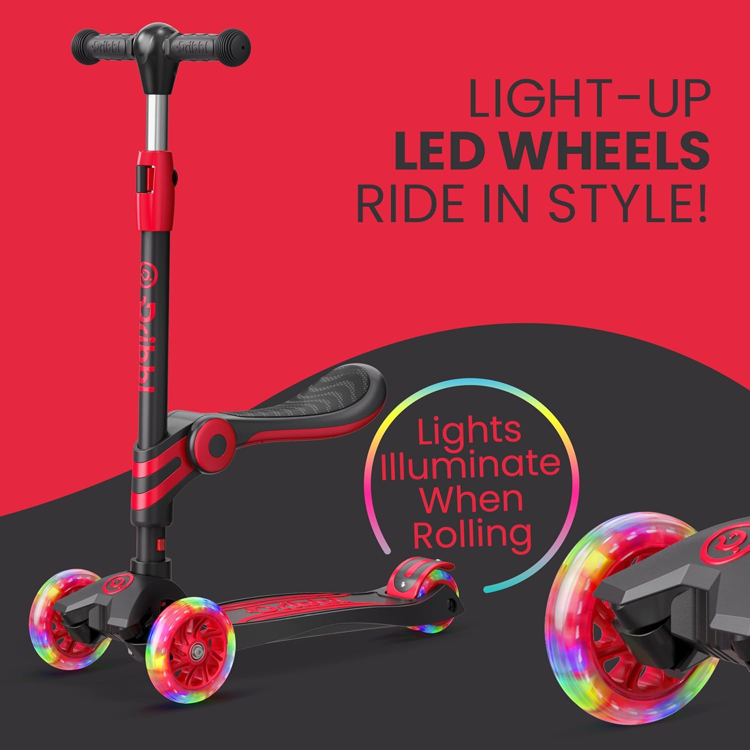 Black and Red 3 Wheel Scooter with Seat for Kids, Light-Up Wheels, Adjustable Lean to Steer Handlebar and Seat, Smooth Wheels, Wide No-Slip Deck, Rear Foot Brake, Toddler Outdoor Toys for Ages 2+