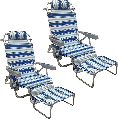 Silla de playa tipo mochila de aluminio, paquete de 2 con mesa de camping plegable, 5 posiciones, silla de descanso plana para exteriores para