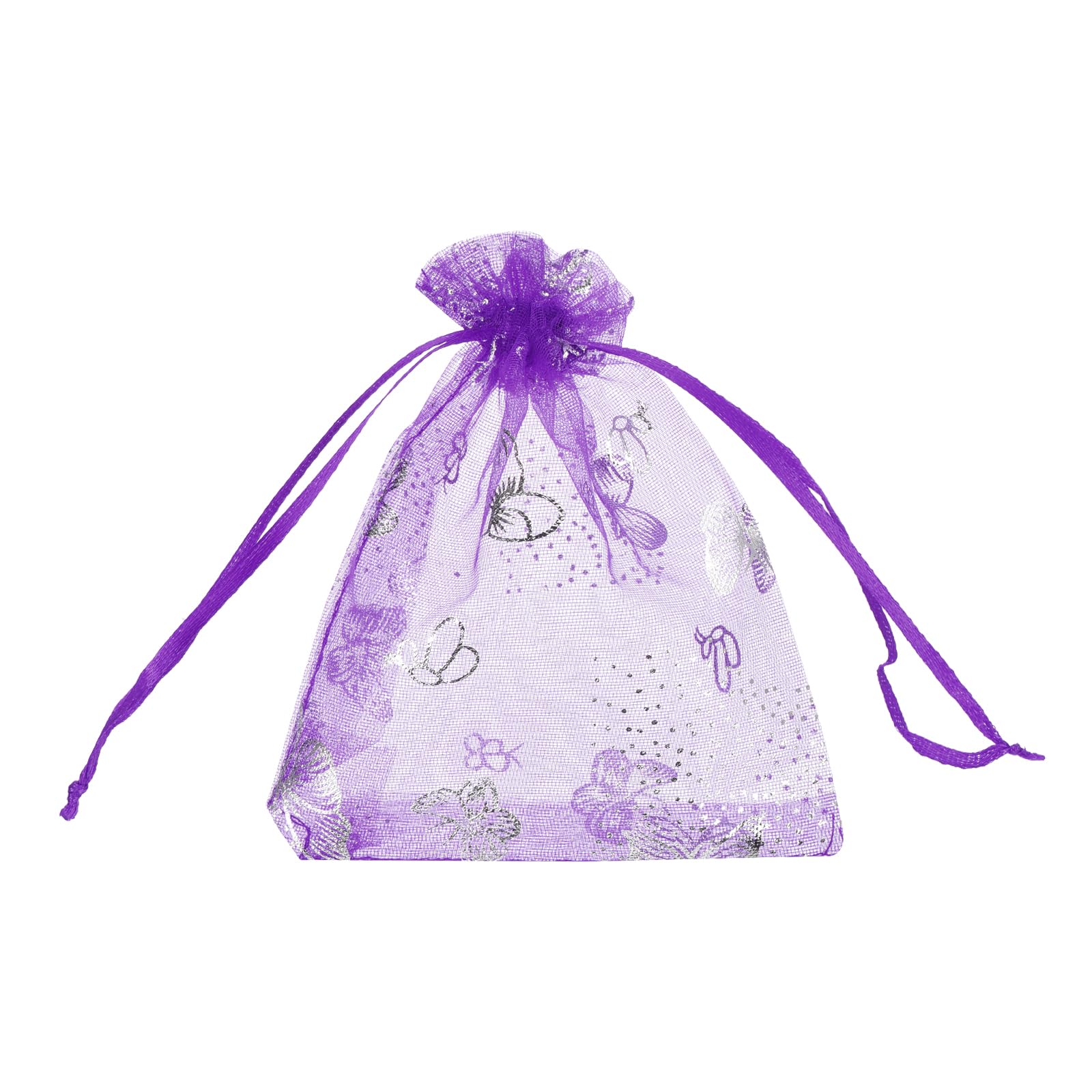 sourcing map Organza Bag 4" x 5", Sheer Butterfly Mesh Bags Drawstring Gift Bags Bulk Party Favor Bag Jewelry Pouches for Wedding Candy Valentines (Dark Purple-Silver, Pack of 100)