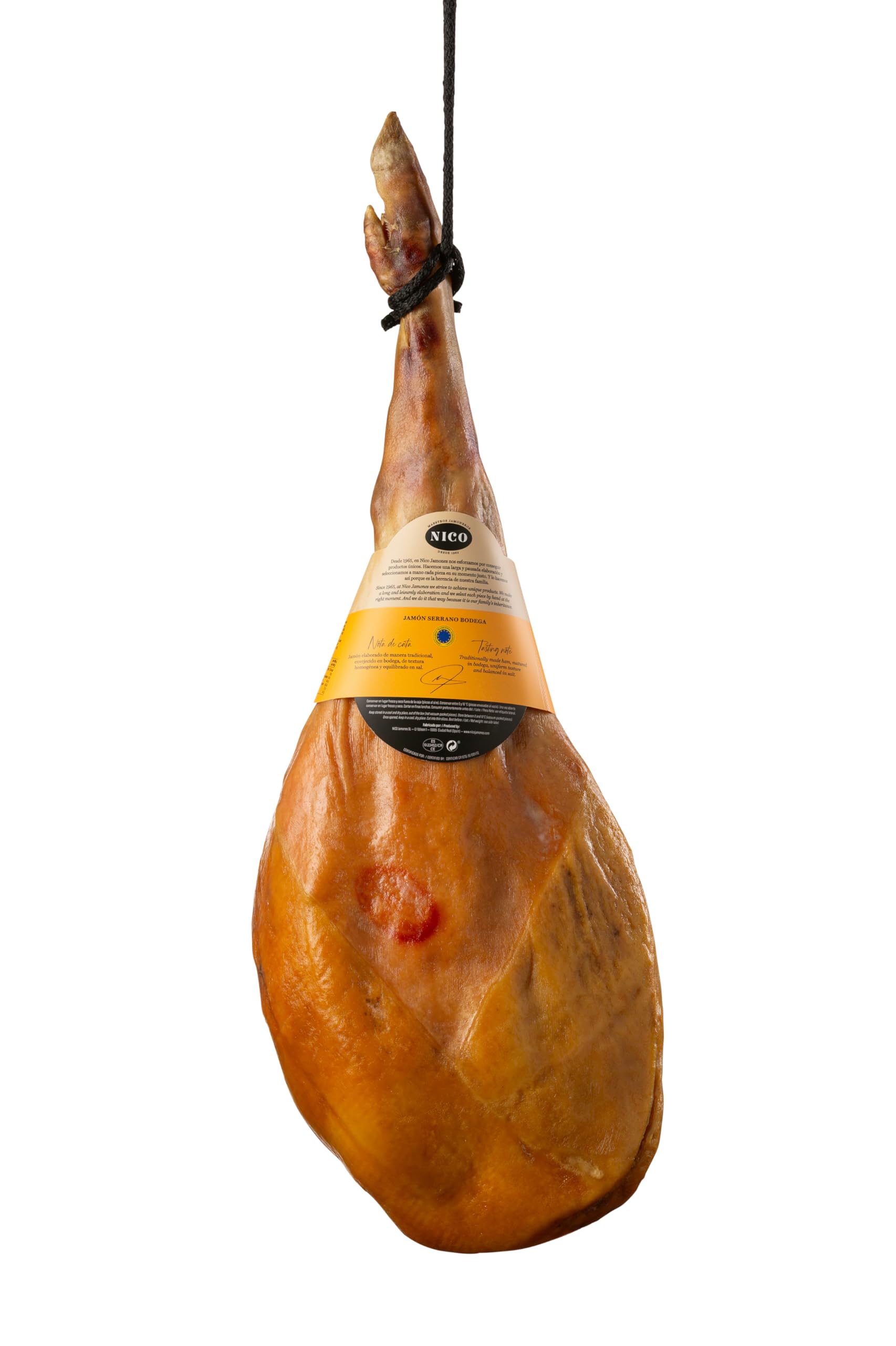 NICO JAMONES - LOTE de JAMON SERRANO BODEGA. Inlcuye JAMONERO, CUCHILLO y CAJA de presentacion. Jamon de aproximadamente 6,5 kg con una curación de más de 9 meses