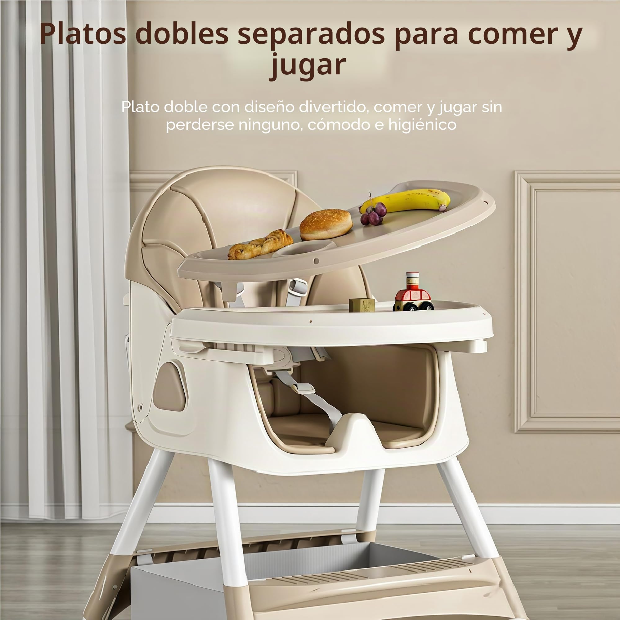 Plegable Cuero PU Tronas de Bebe con Función de Caballo Balancín, Altura Ajustable y 4 Posiciones Reclinables, Silla de Alimentación Convertible con Bandejas y Ruedas Desmontables (Gris)