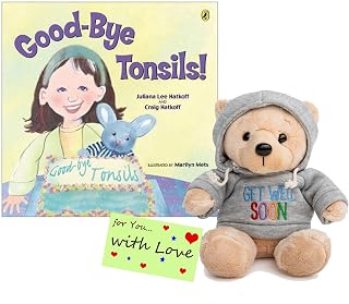 Tonsillectomy Gift Get Well Soon Teddy Bear with a Blue Gray Hoodie with Good-Bye Tonsils Book Gift Set Kids,Tonsillectomy Recovery
