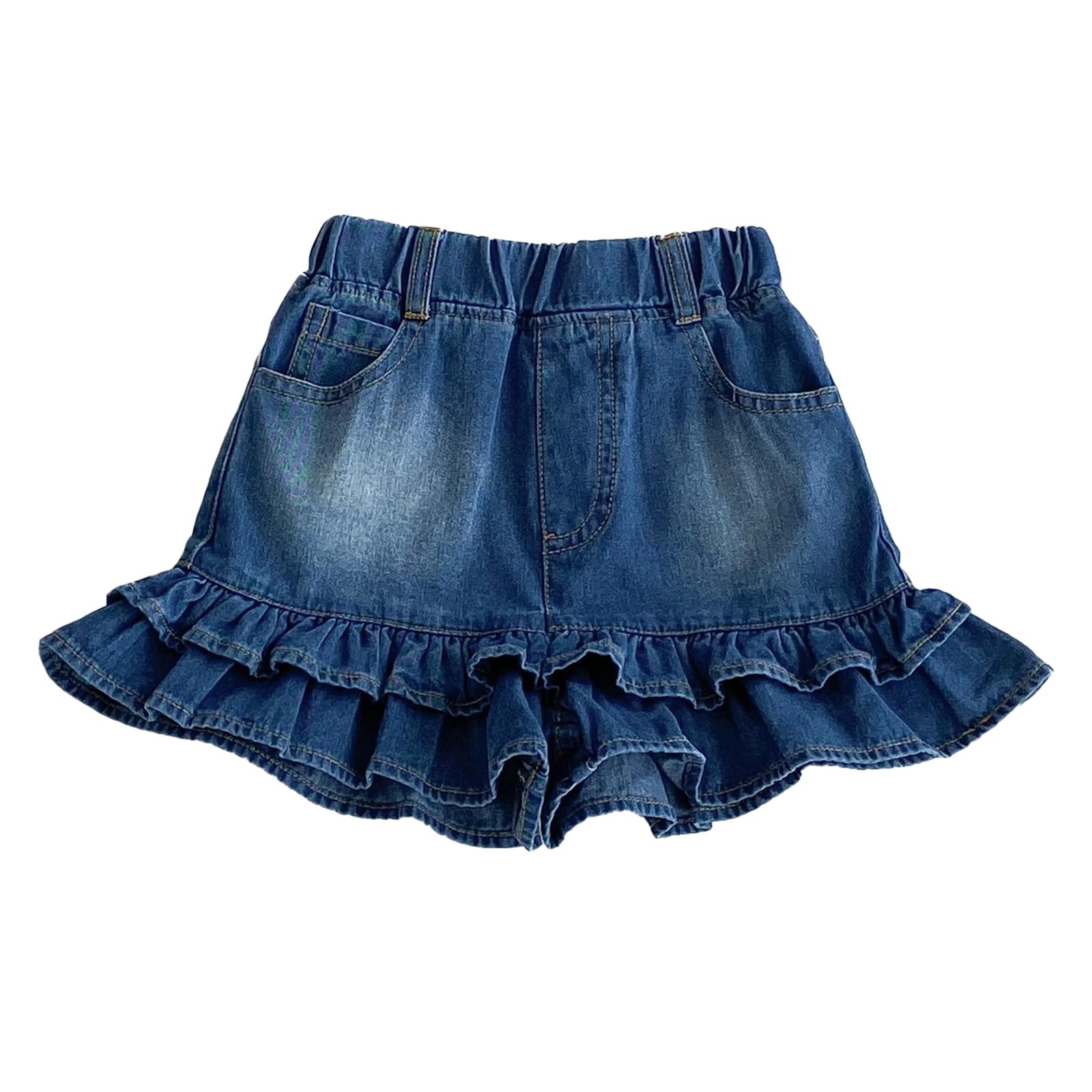 Pantalones cortos de mezclilla para niñas, 2 capas con volantes de encaje para niños, falda de entrenamiento de moda, pantalones cortos para verano, playa, deportes