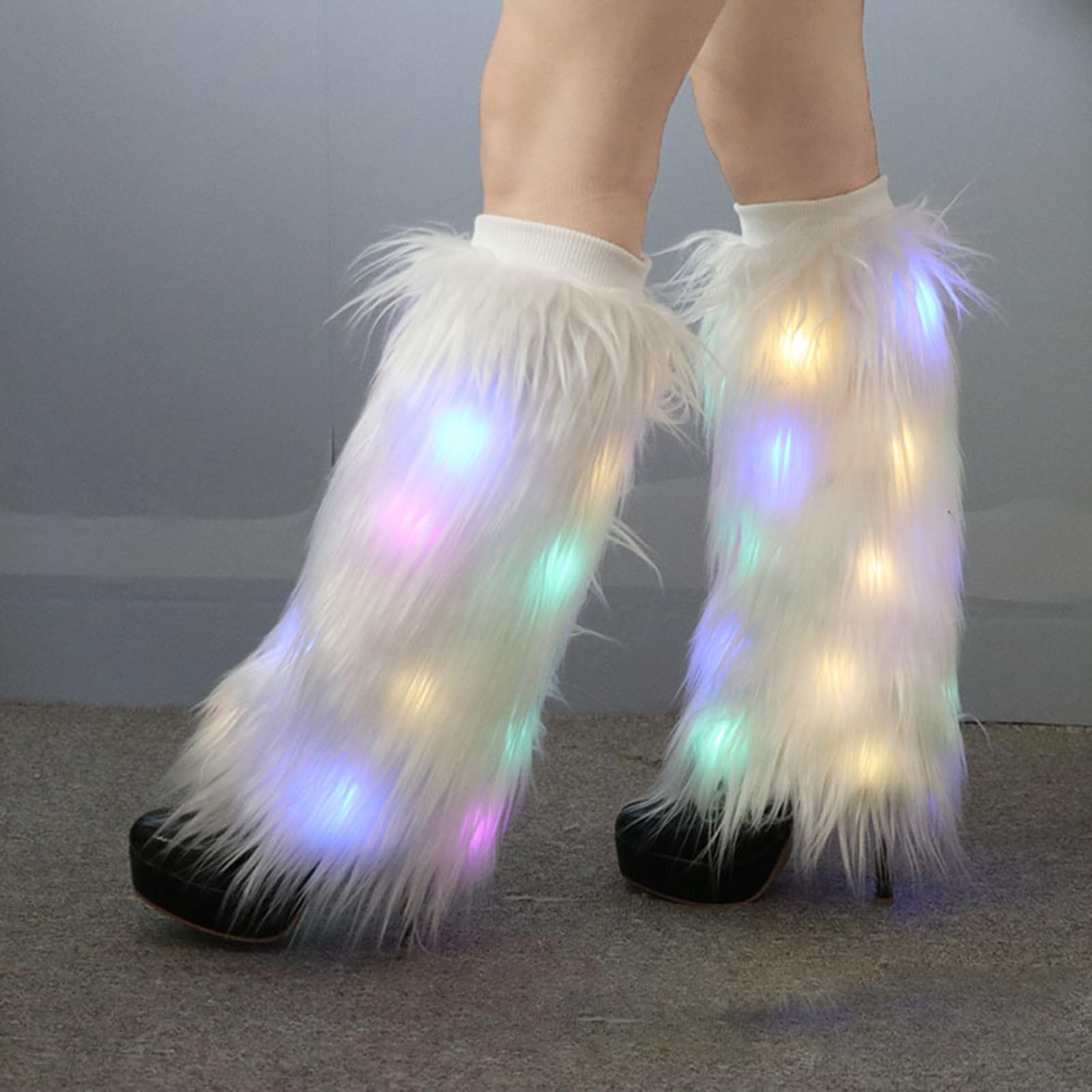 Altsuceser Jambières en fausse fourrure à DEL – Couvre-bottes lumineuses et moelleuses pour femmes et filles – Ensemble d'accessoires de fête