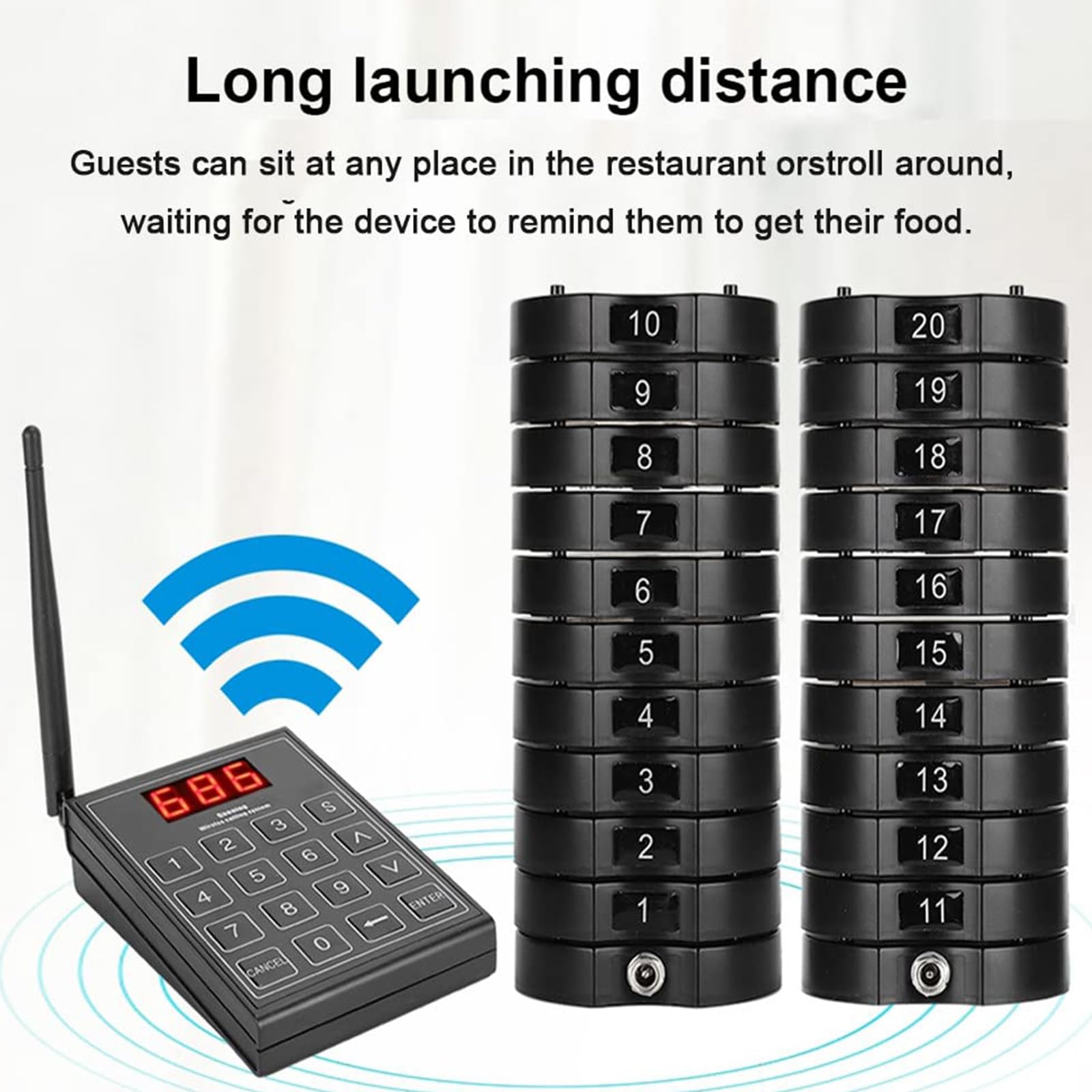 Sistema di cercapersone wireless per ospiti, portata 500 m, 10/20/30 cercapersone, 3 modalità di allarme, gestione delle code per ristoranti, bar, cliniche, aree ristorazione