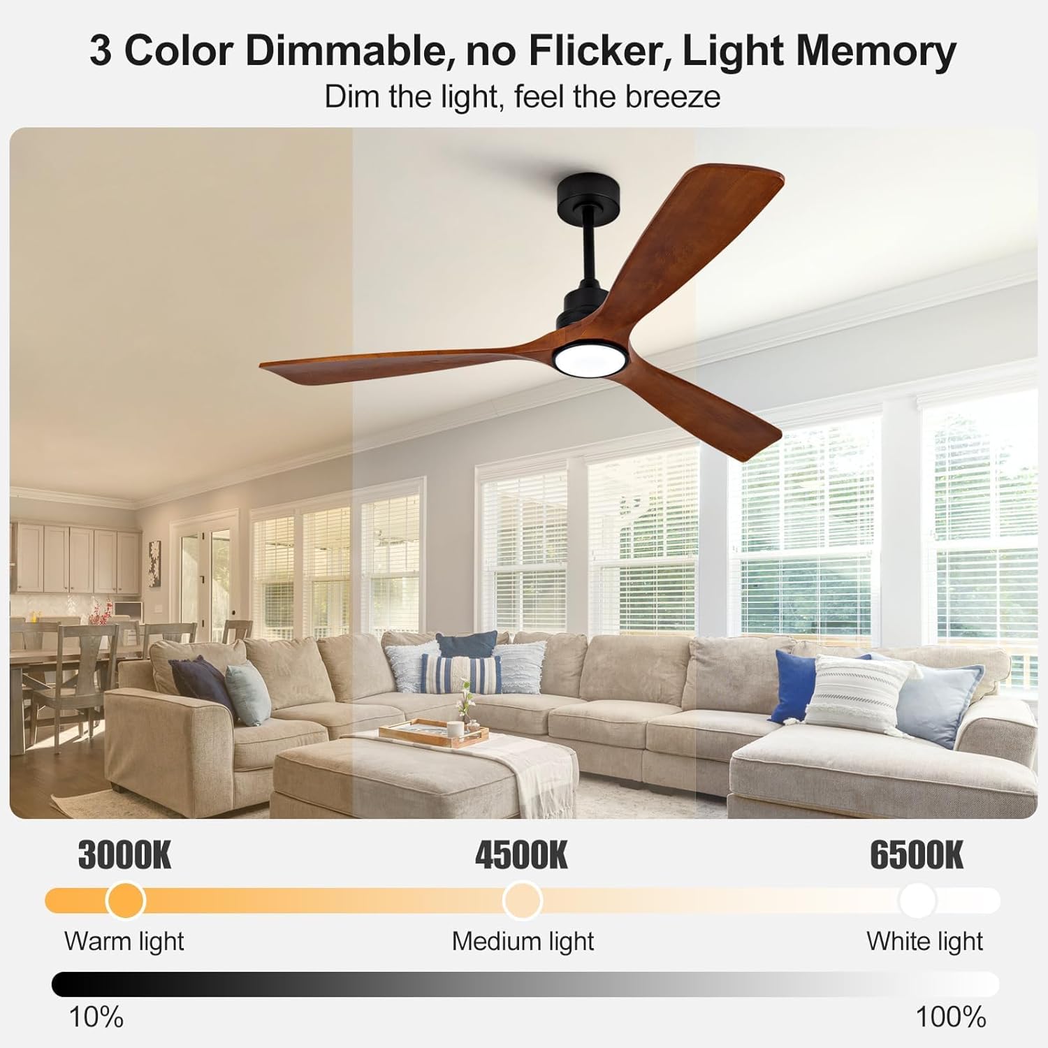 60 Inch Ceiling Fans with Lights and Remote Control, Dimmable LED Light, Modern 3 Blade Wood Ceiling Fan with Light for Indoor Outdoor Patio Living Room, Memory Function, Reversible DC Motor