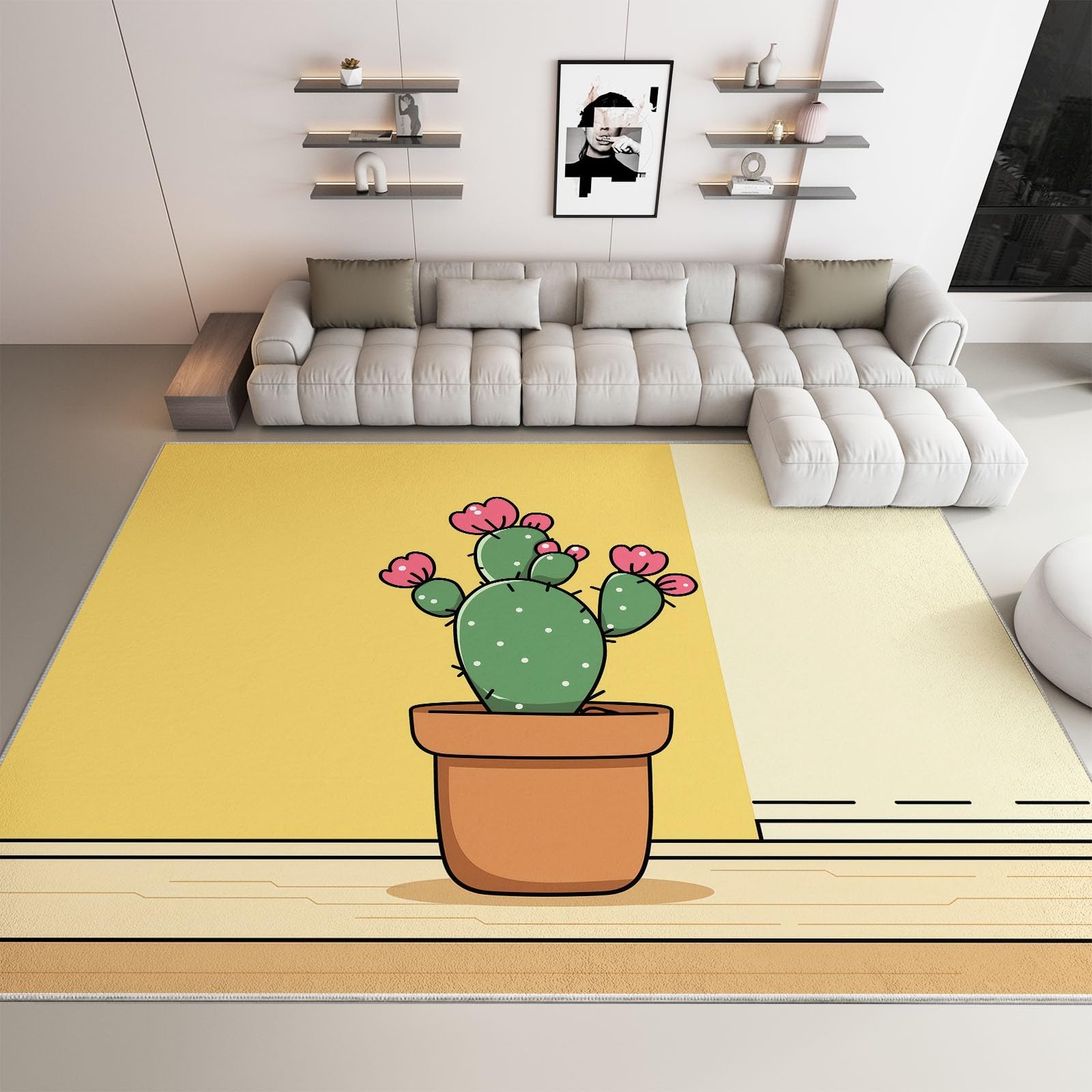 Grand tapis de salon 120x170 cm antidérapant et doux au motif cactus jaune