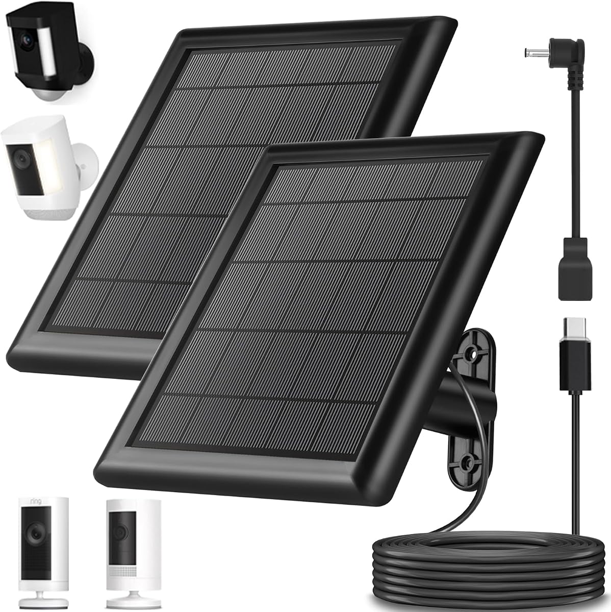 Cargador de panel solar de 8 W para cámara Ring, panel solar de videocámara de 9,8 pulgadas con cable USB C de 10 pies para Ring Outdoor Cam Plus, Stick Up Cam/Pro, Spotlight Camera Plus/Pro batería (8 W-2 unidades)
