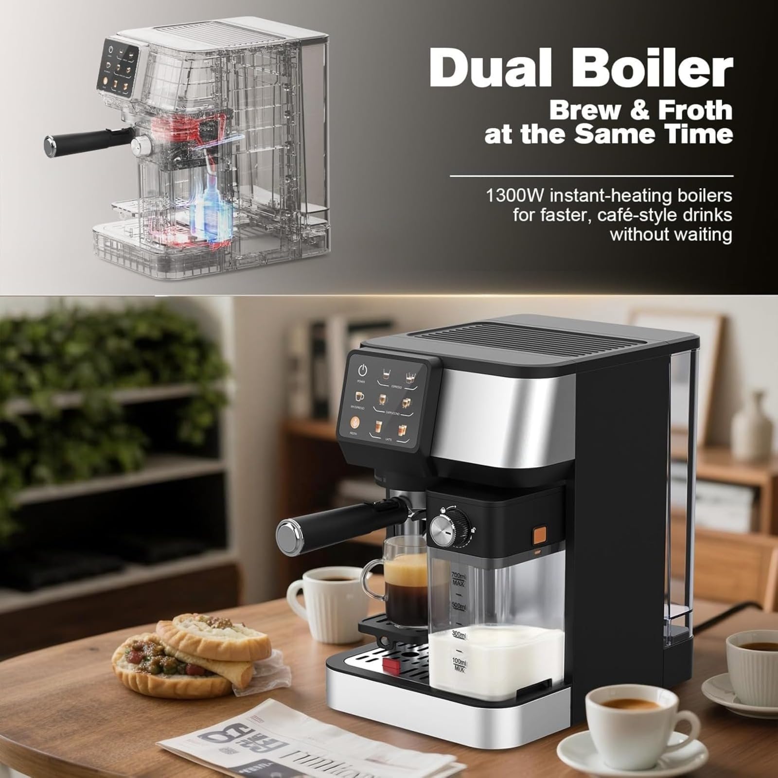 Macchina da caffè espresso, doppia caldaia, pompa da 20 bar, caffettiera One Touch, macchina per cappuccino, latte ed espresso, con montalatte, serbatoio dell'acqua da 2 litri, contenitore per latte