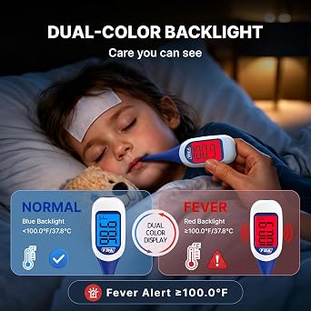 FDK Large LCD Screen Digital Thermometer for Fever, 8 Seconds Fast & Accurate Readings, Large LCD Dual Color Backlight Flexible Tip Ideal for Adults Kids and Babies FSA