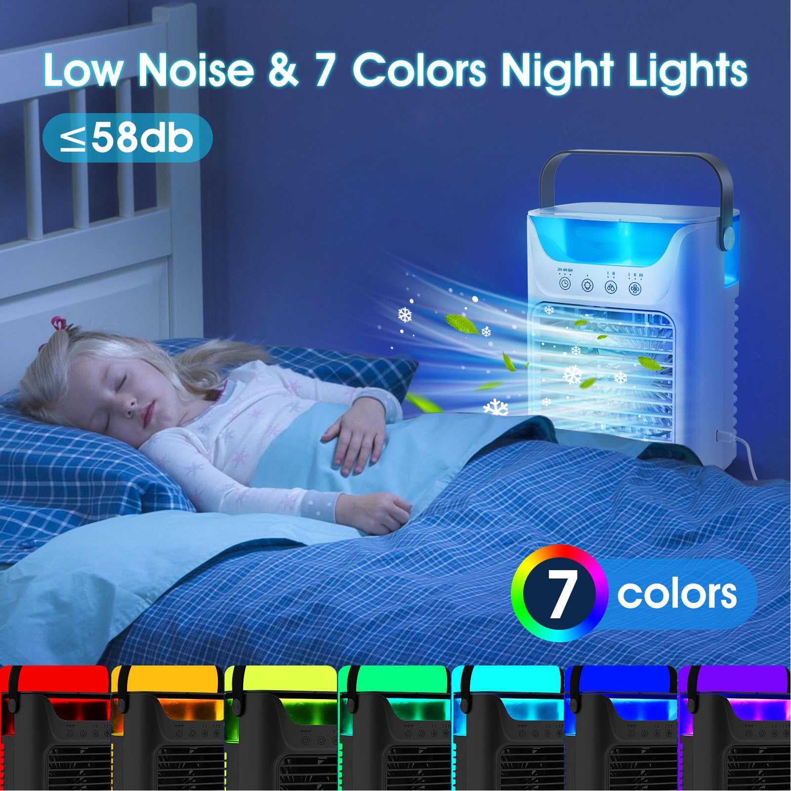 Przenośny Wentylator Klimatyzatora Biurkowego 4 w 1 z 3 Prędkościami i 2 Zimnymi Mgłami do Domowego Biura na Wakacje na Kempingu światła RGB Zasilany Przez USB do Domowego Biura