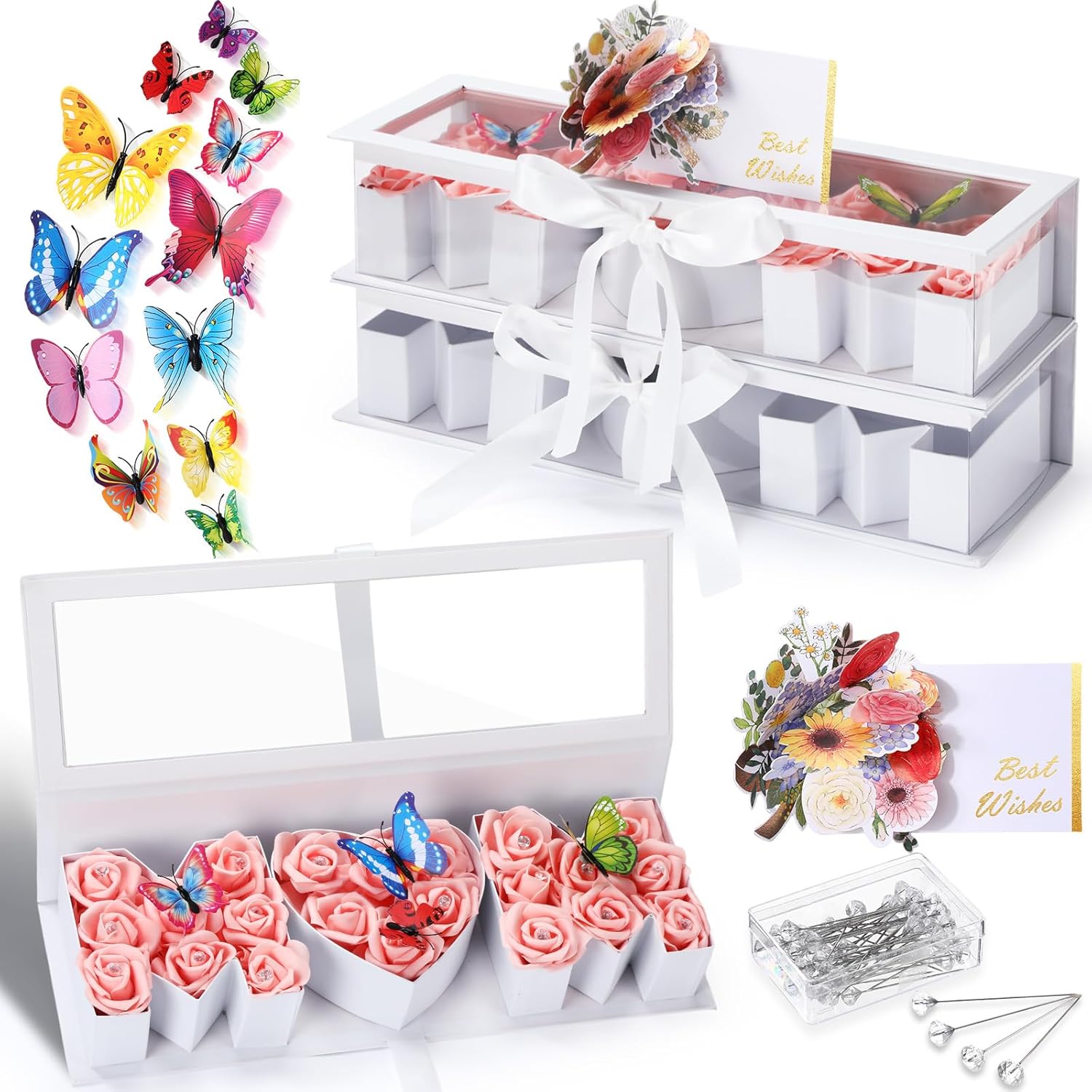 2 Pcs Mother's Day Flower Gift Letter Shaped Fillable Box with 2 Pcs 3D Mother's Day Card 50 Crystal Bouquet Pins 24 Beautiful 3D Butterfly for Luxury Style Flower Gift(White,Mom)