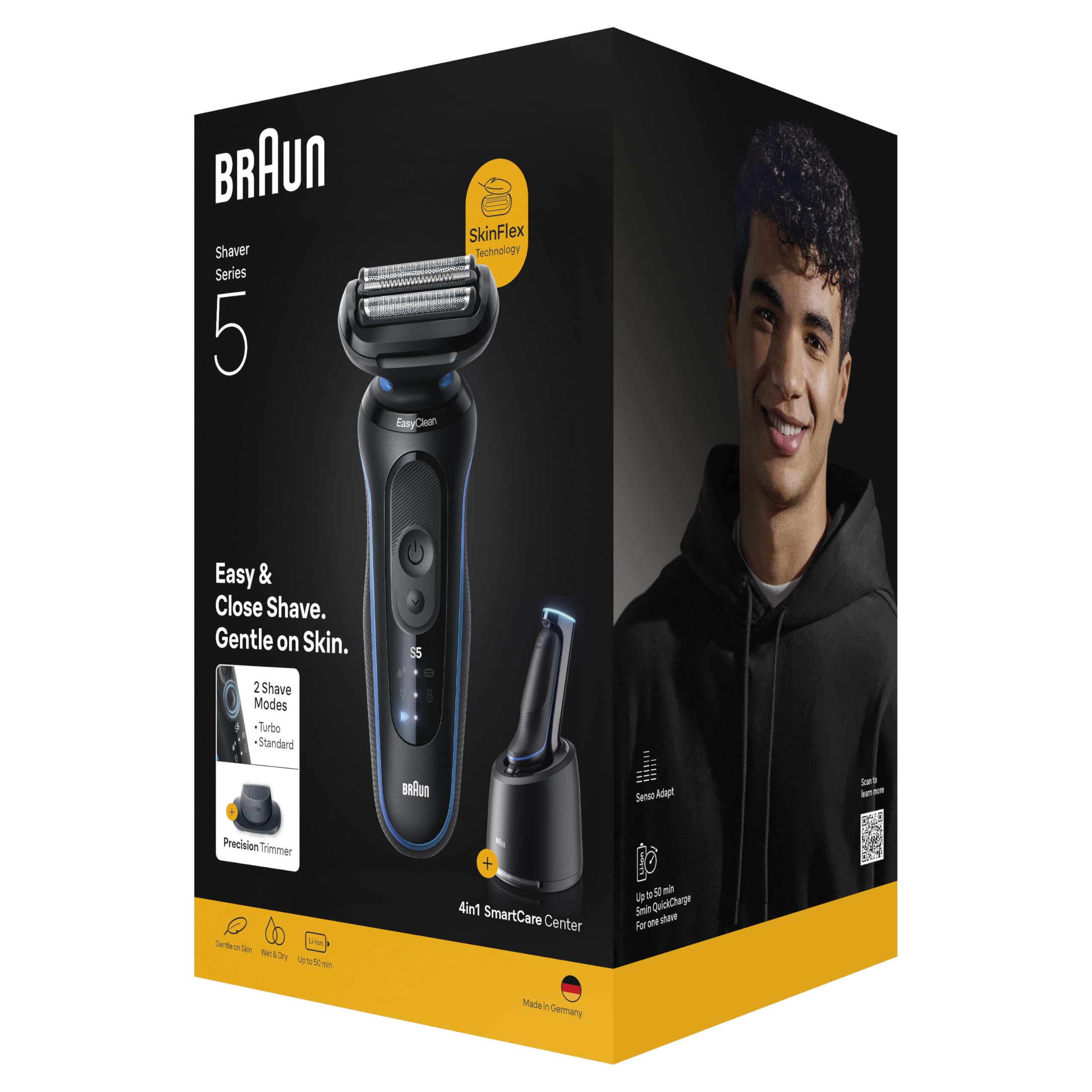 Braun Series 5 Afeitadora Eléctrica Hombre, 52-B7200CC, Azul | Máquina de Afeitar Barba Recargable, 50 Min de Uso, Centro de Limpieza, Recortadora de Precisión, Estuche de Viaje