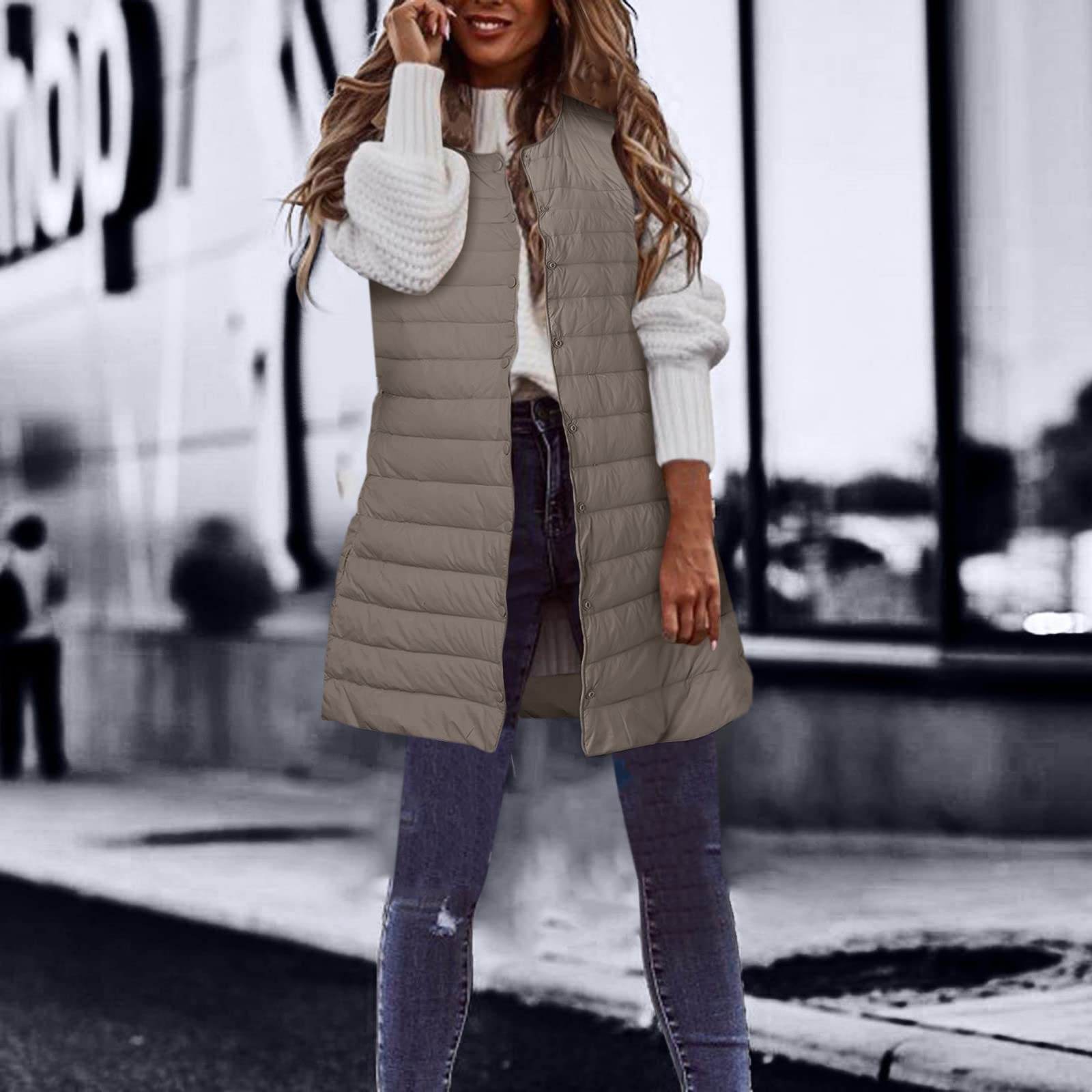 Generisch Giubbotto invernale lungo da donna, piumino sottile e leggero, casual, vestibilità aderente, giacca trapuntata per le mezze stagioni, gilet versatile con pratiche tasche (cachi, M)