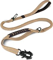 Joytale Tactical Dog Leash: Heavy Duty 4-6FT Shock Absorbing Bungee with Dual Padded Handles, Frog Clip & Car Seatbelt for Large Dogs, Coyote Brown