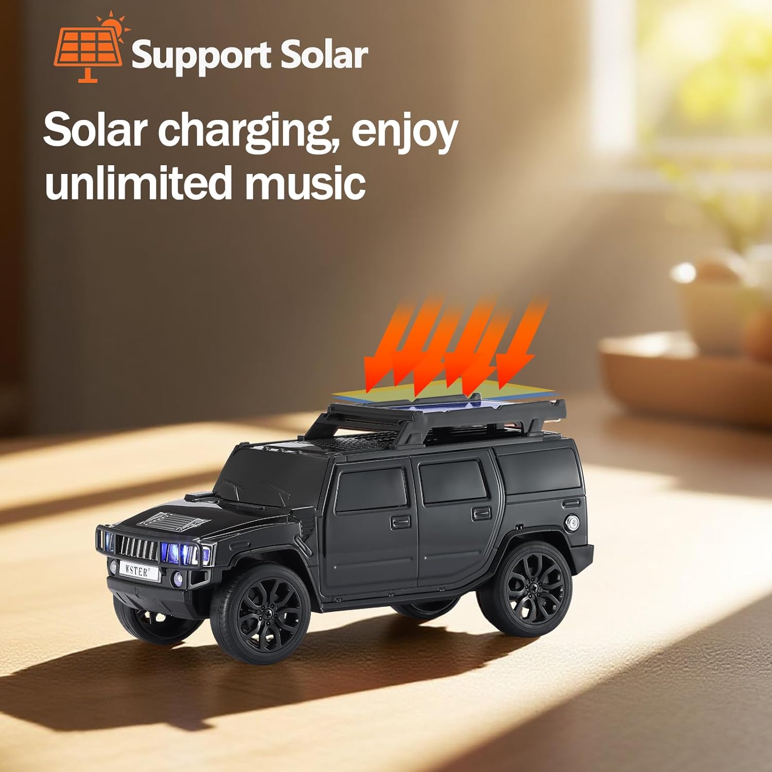 WSTER WS-696 Solar Bluetooth Replica Speaker – Portable Modern Off-Road Car Design with HD Sound, TWS, LED Party Light, USB/TF Playback, FM, Built-in Microphone, Surprise Gift(Black)