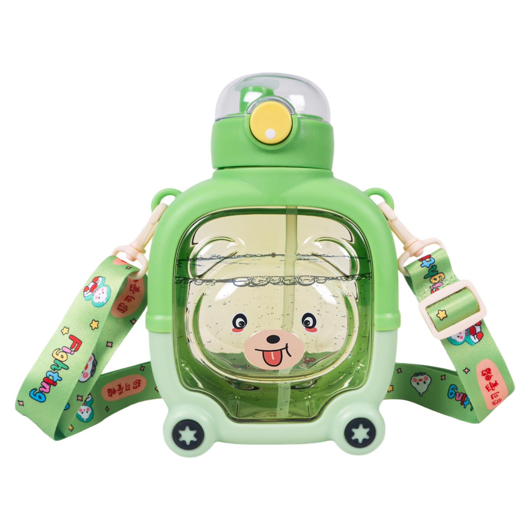 Koochie-Koo Push Button Open Two Way Drinking Sipper Water Bottle for Kids, Cute Water Bottle with Bear Face, Drinking Bottle with Adjustable Shoulder Straps and Stickers, 900 ml (Pack of 1, Green)