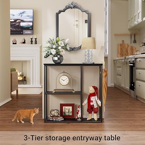 Miniatura 7 de WOHOMO Mesa consola, mesa de entrada estrecha de 12 pulgadas para sala de estar, 31.5 x 31.5 pulgadas, mesa de sofá industrial negra con estantes de