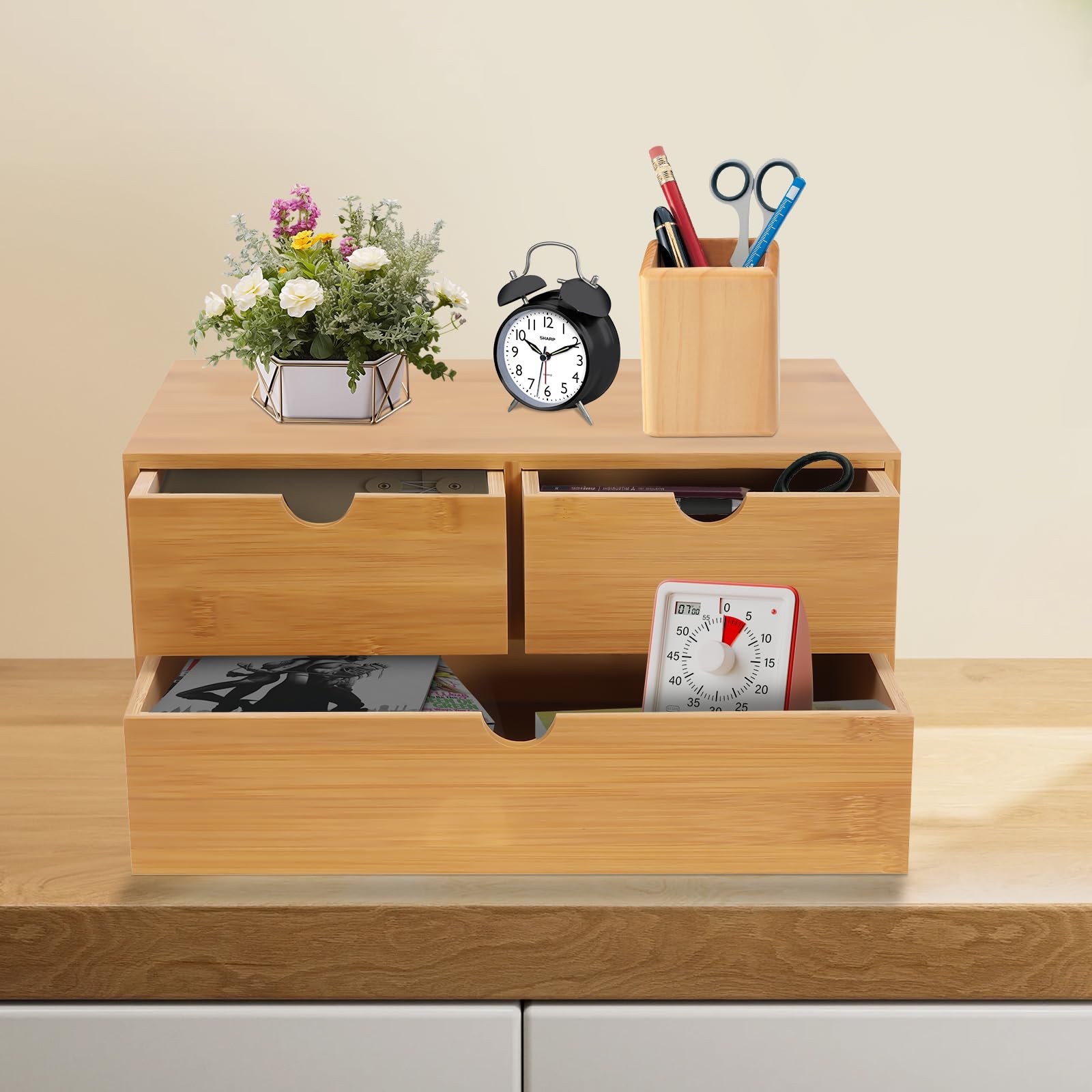 Organizer da scrivania in bambù con cassetti 3/2, 33 x 19 x 16 cm, organizer da scrivania multifunzione per utensili da ufficio, collezioni cosmetiche (3 cassetti (2 superiori e 1 inferiore)