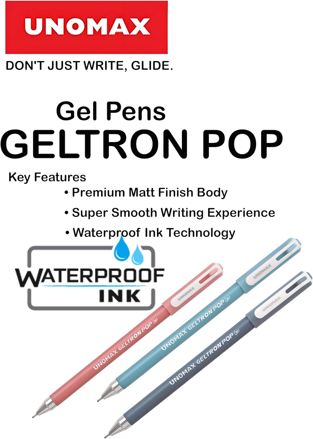 UNOMAX Geltron Pop Gel Pen Pack Of 50 | Elevate Your Writing Experience: Smooth Writing, Matt Finish Body, Super Smooth Writing, Waterproof Ink Technology,Exam-Friendly - Assorted