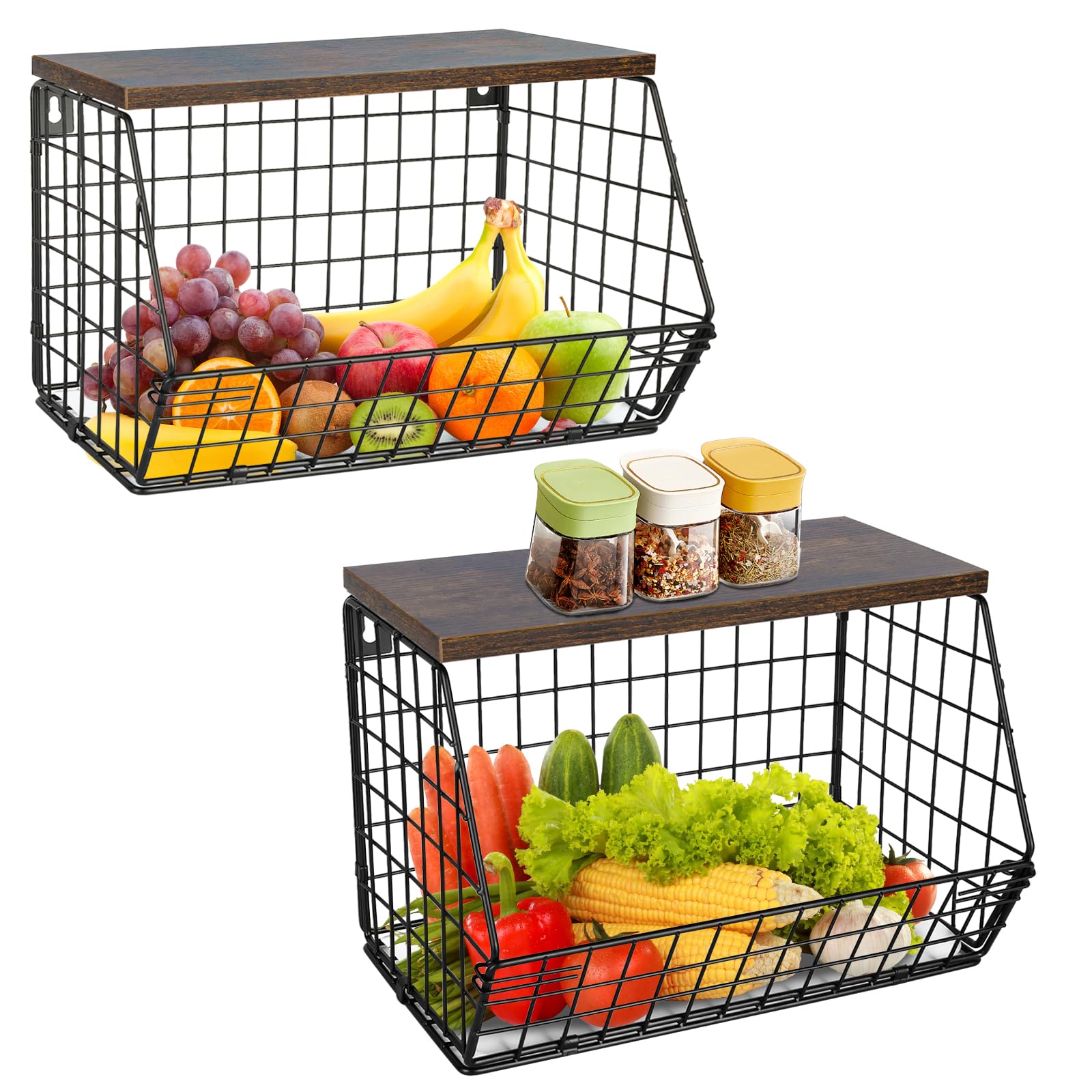 Cesta de frutas de pared con tapa de madera, cesta de almacenamiento para frutas y verduras de 30 x 20 x 21 cm (2 piezas), color negro