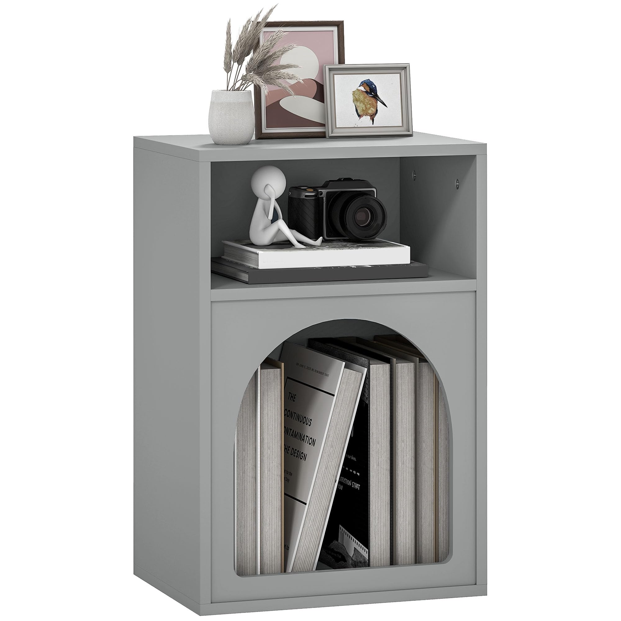 HOMCOM Bedside Table - Grey - 2 Shelf - MDF - Modern Arched Design