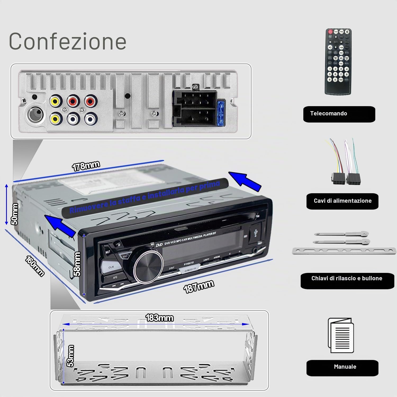 Autoradio Bluetooth 1 DIN con Lettore CD/DVD USB RDS/FM/AM Radio SD AUX Chiamate in vivavoce