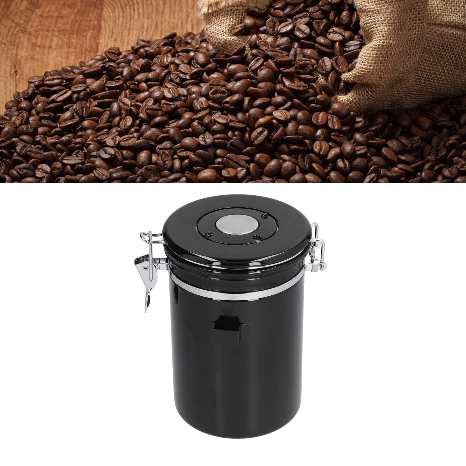 Botes de café de acero inoxidable con rueda de calendario, tarro hermético de almacenamiento de granos de café, recipiente de café de acero inoxidable 304 con válvula de escape (1.8L negro)