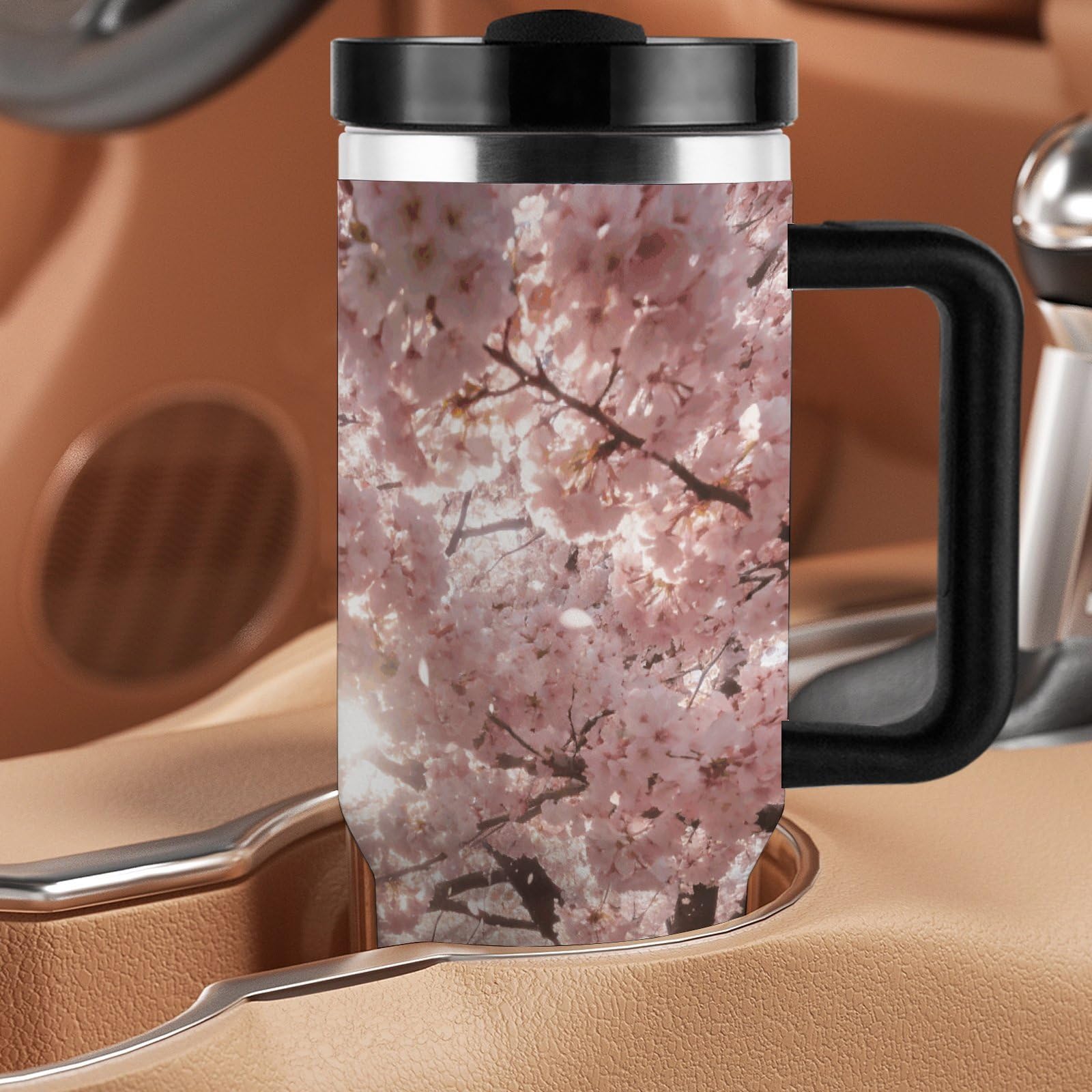 Cherry Blossoms - Vaso de café de viaje de acero inoxidable, taza de café con tapa y popote, taza con asa, gran capacidad, doble pared al vacío, taza térmica de café helado, 40 onzas