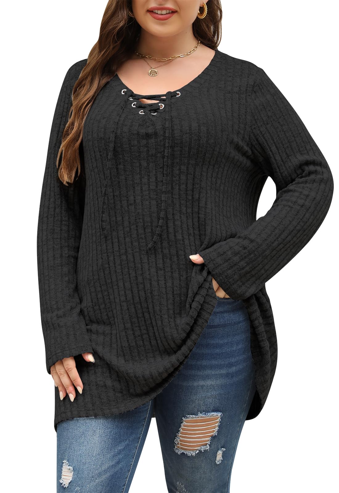 NemidorWomens Plus Size Drawstring V Neck Long Sweater Solid Long Sleeve Tunic Top NEM525