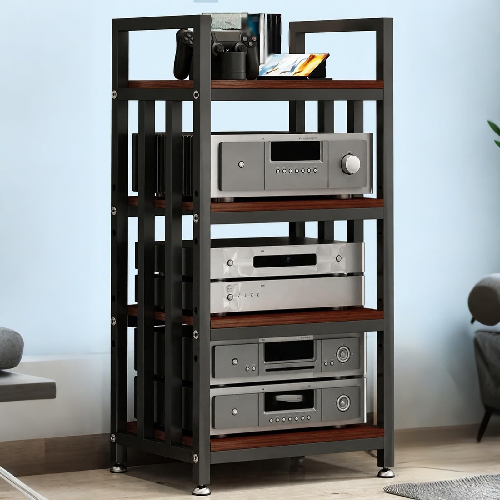 Étagère ajustable meuble HiFi bois acier étagères audio-vidéo Black D