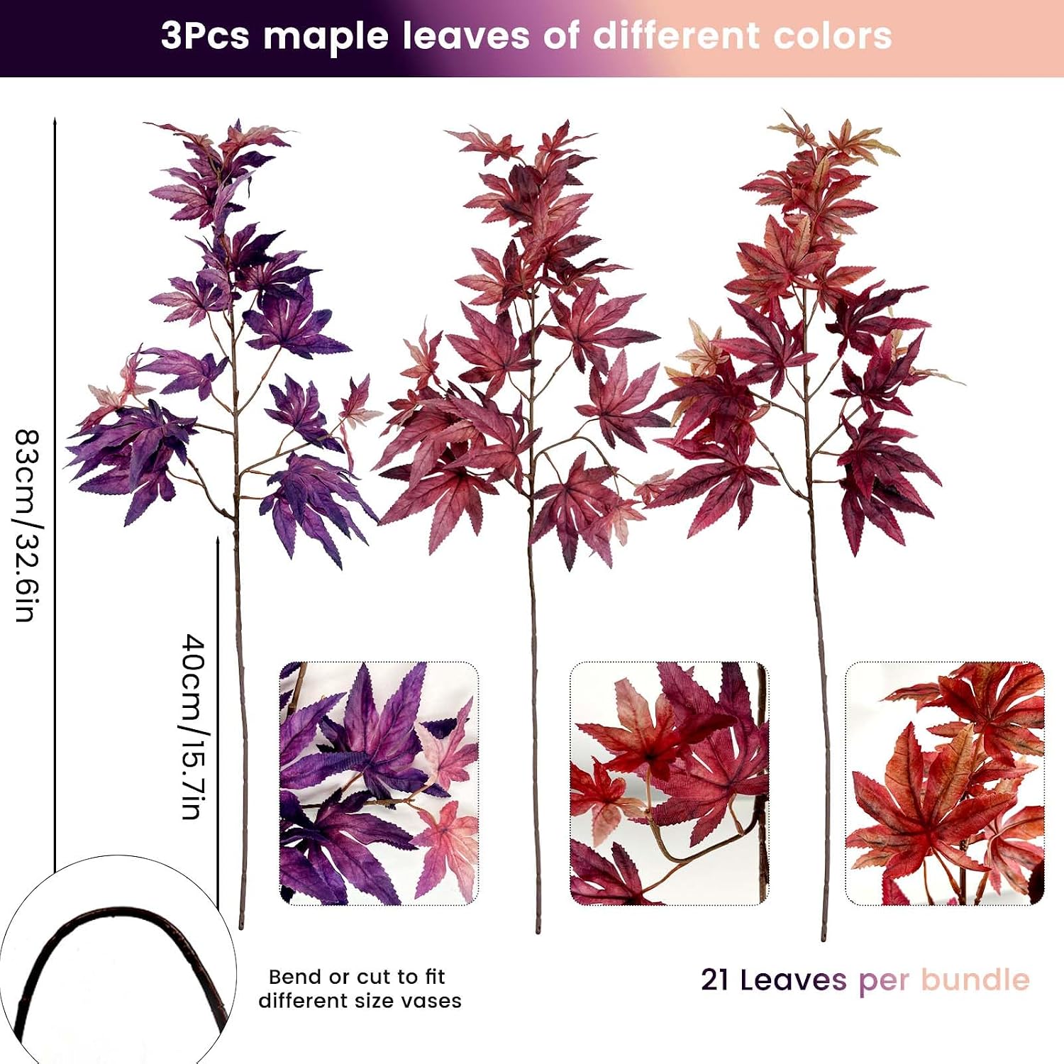 Daily Treasures 3Pcs Artificial Maple Leaves Branches,32.6'' Silk Autumn Fake Fall Leaves Stems Plants,Faux Maple Leaf Bushes Shrubs for Fireplace Halloween Decorations(Autumn Red/Dark Red/Purple)